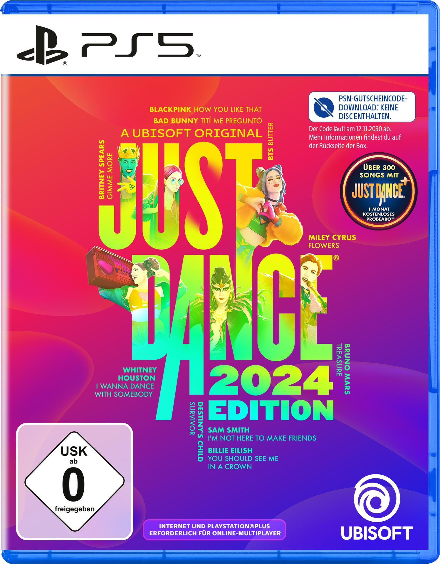 Cover von Just Dance 2024 Edition. Es zeigt Tänzer, das Spielelogo und Songnamen von verschiedenen Künstlern.