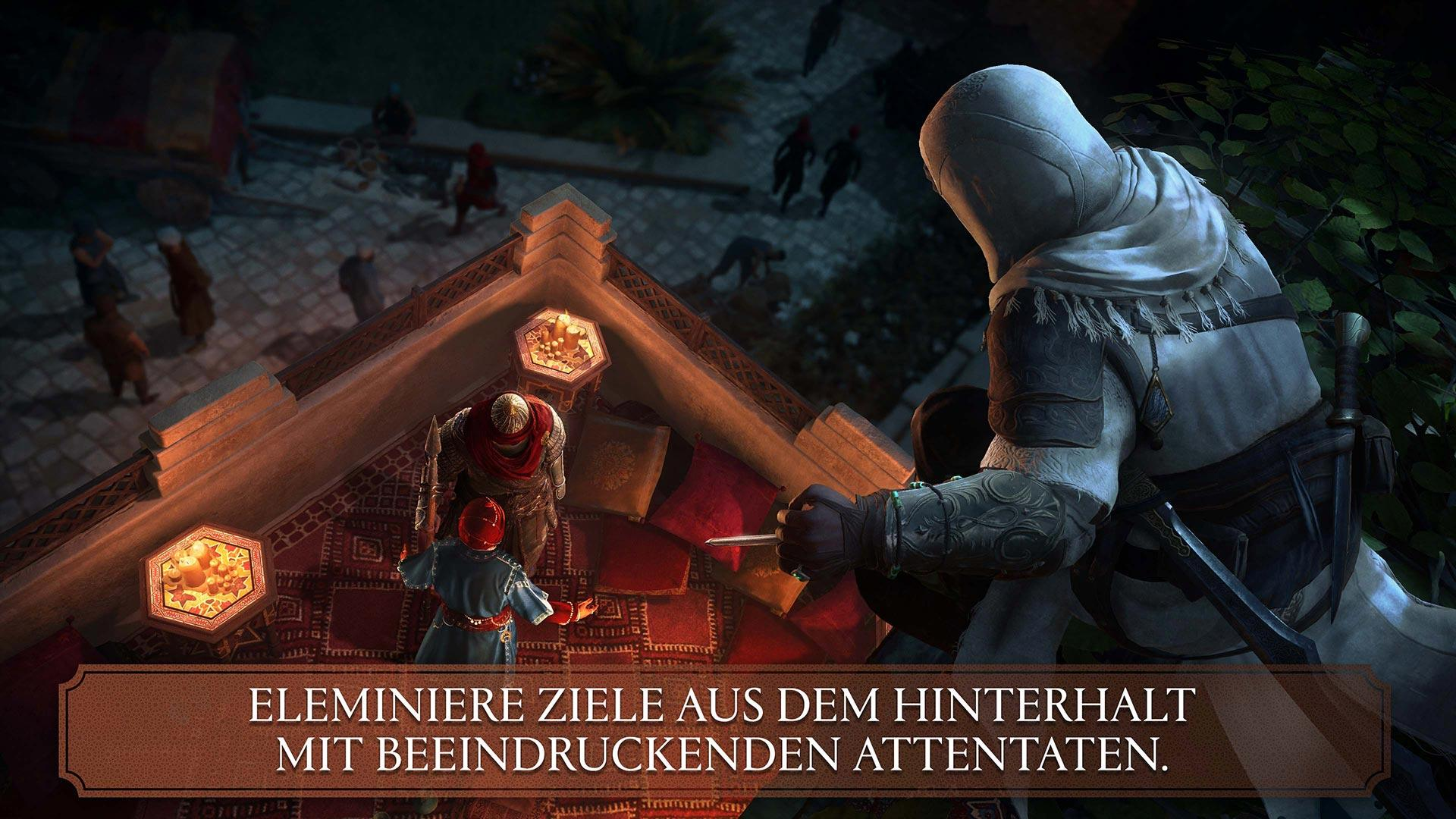 Ein Attentäter überblickt eine Szene. Figuren auf Dächern, eine rot gekleidete Figur und ein Kapuzenattentäter mit Klinge.