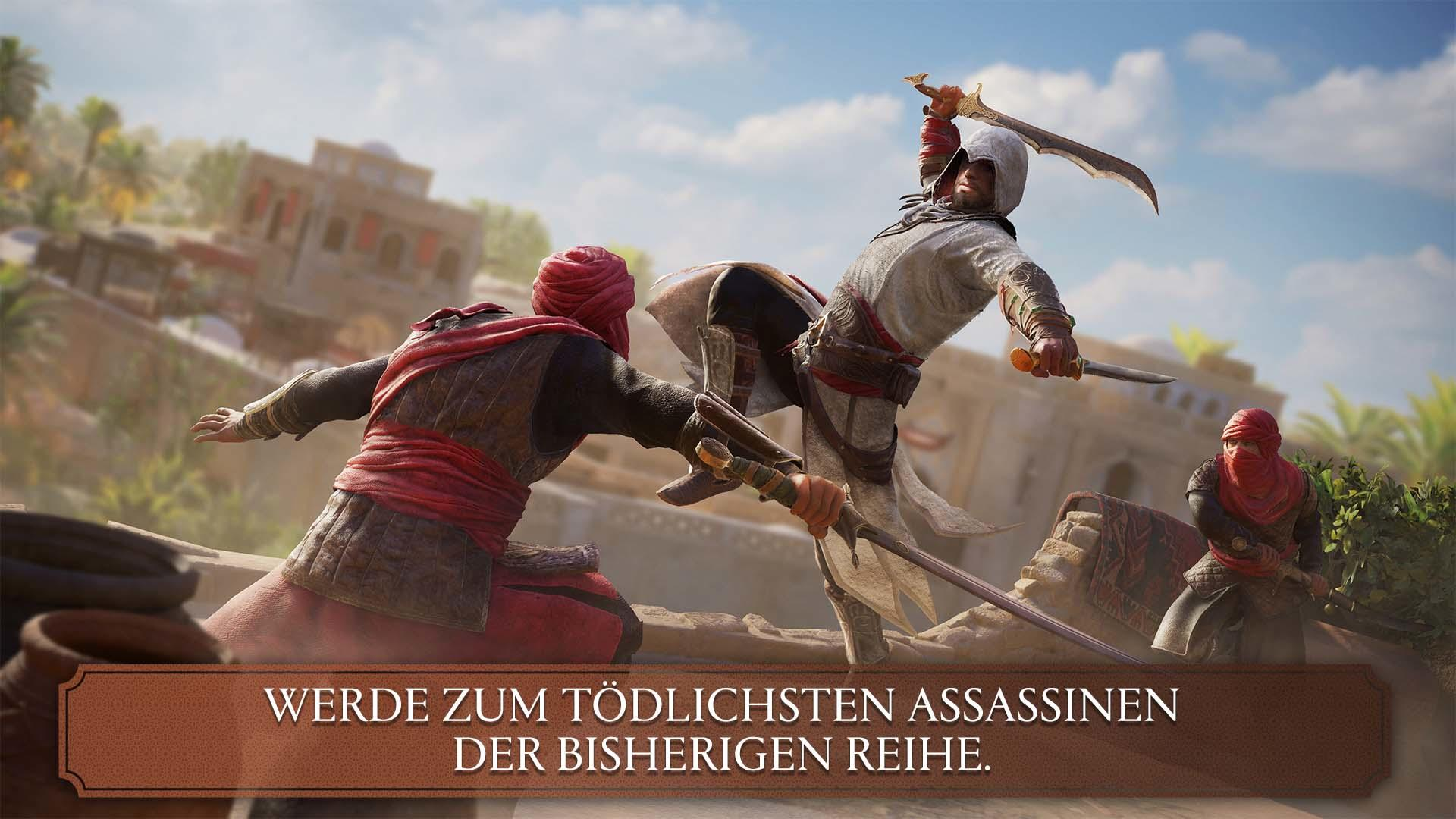 Ein weißer Attentäter greift einen anderen mit einem gebogenen Schwert an. Zwei weitere Figuren, ebenfalls Attentäter, sind sichtbar. Hintergrund ist eine Stadt.