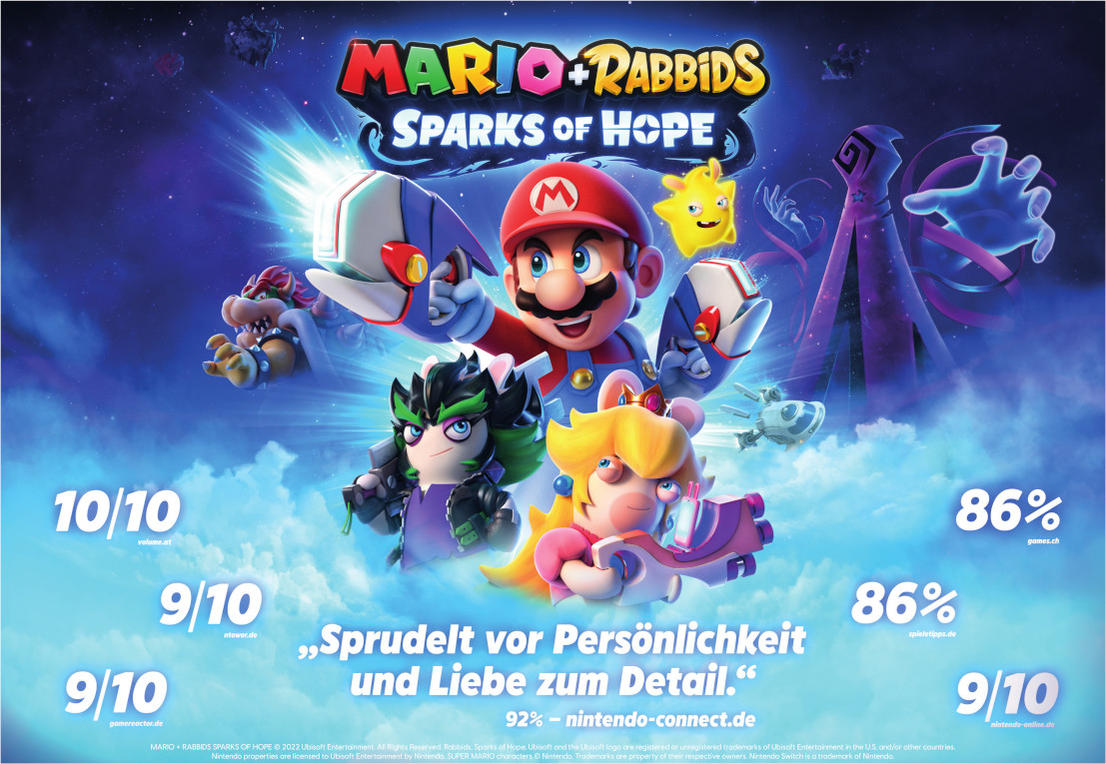 Werbefoto für das Spiel Mario + Rabbids Sparks of Hope mit den Hauptfiguren.