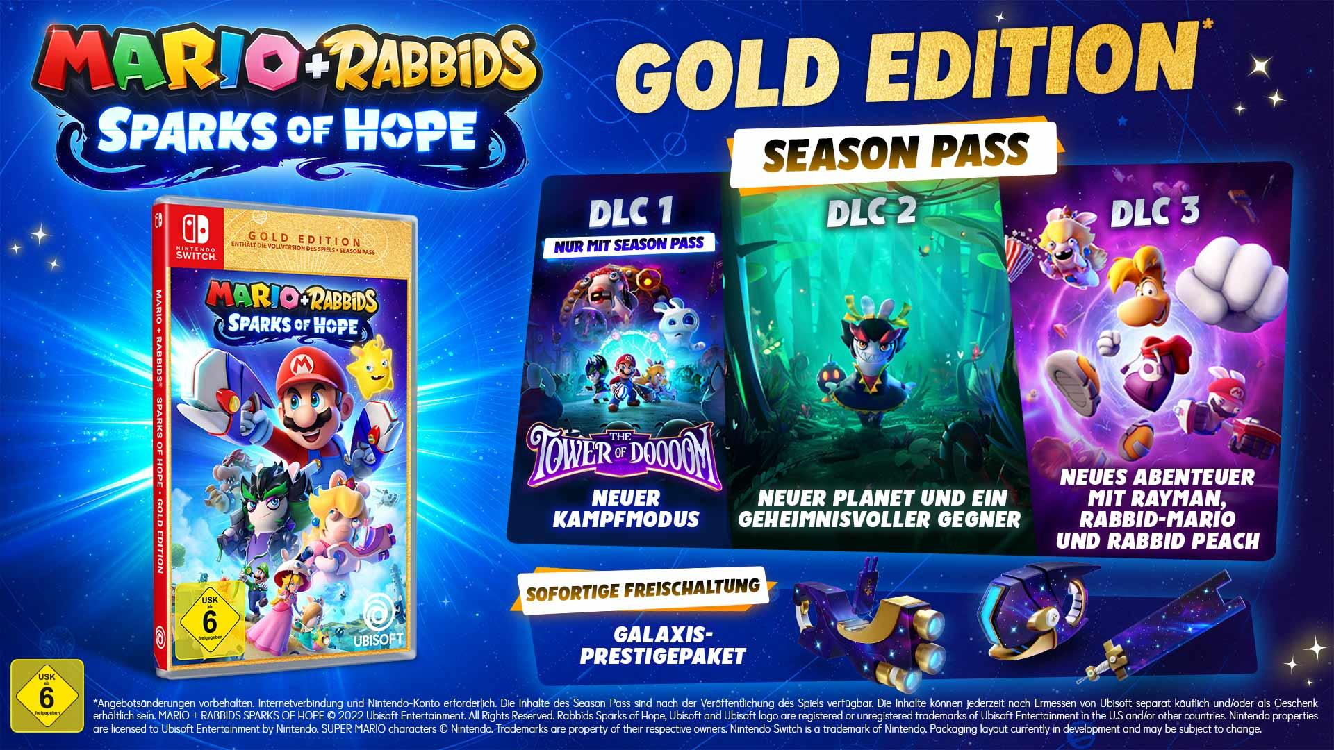 Spiel-Box-Art für Mario + Rabbids Sparks of Hope Gold Edition, mit Charakteren und DLC-Details.