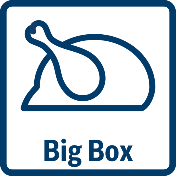 Beyaz bir kare içinde mavi hatlarla çizilmiş kızarmış tavuk ikonu. Altında 'Big Box' yazısı.
