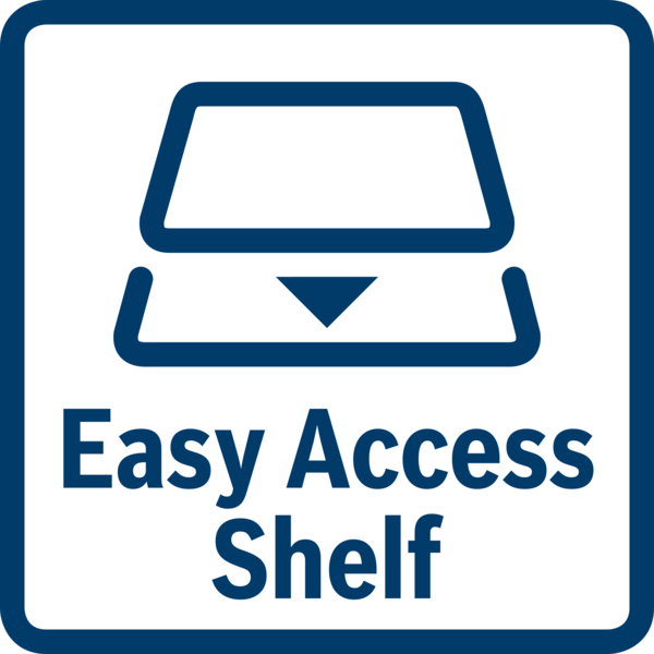 Mavi ve beyaz kare simge. Aşağı doğru bakan bir ok ile bir raf sembolü içerir. Metin: Easy Access Shelf.