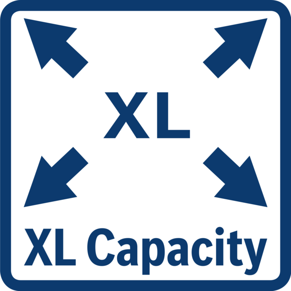 Mavi kenarlı beyaz kare. İçinde dışa doğru bakan dört ok, 'XL' harfleri ve 'XL Capacity' metni bulunmaktadır.