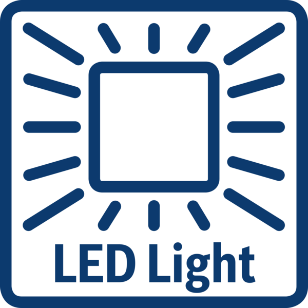 İçinde daha küçük beyaz bir kare bulunan mavi bir kare, ışınlar yayıyor. 'LED Light' metni altında.