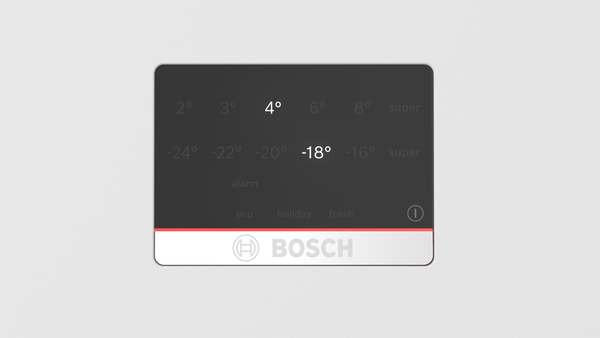 Bosch cihaz ekranı sıcaklıkları gösteriyor. Buzdolabı 4°C, dondurucu -18°C. Eco, tatil, taze ayarları içerir.