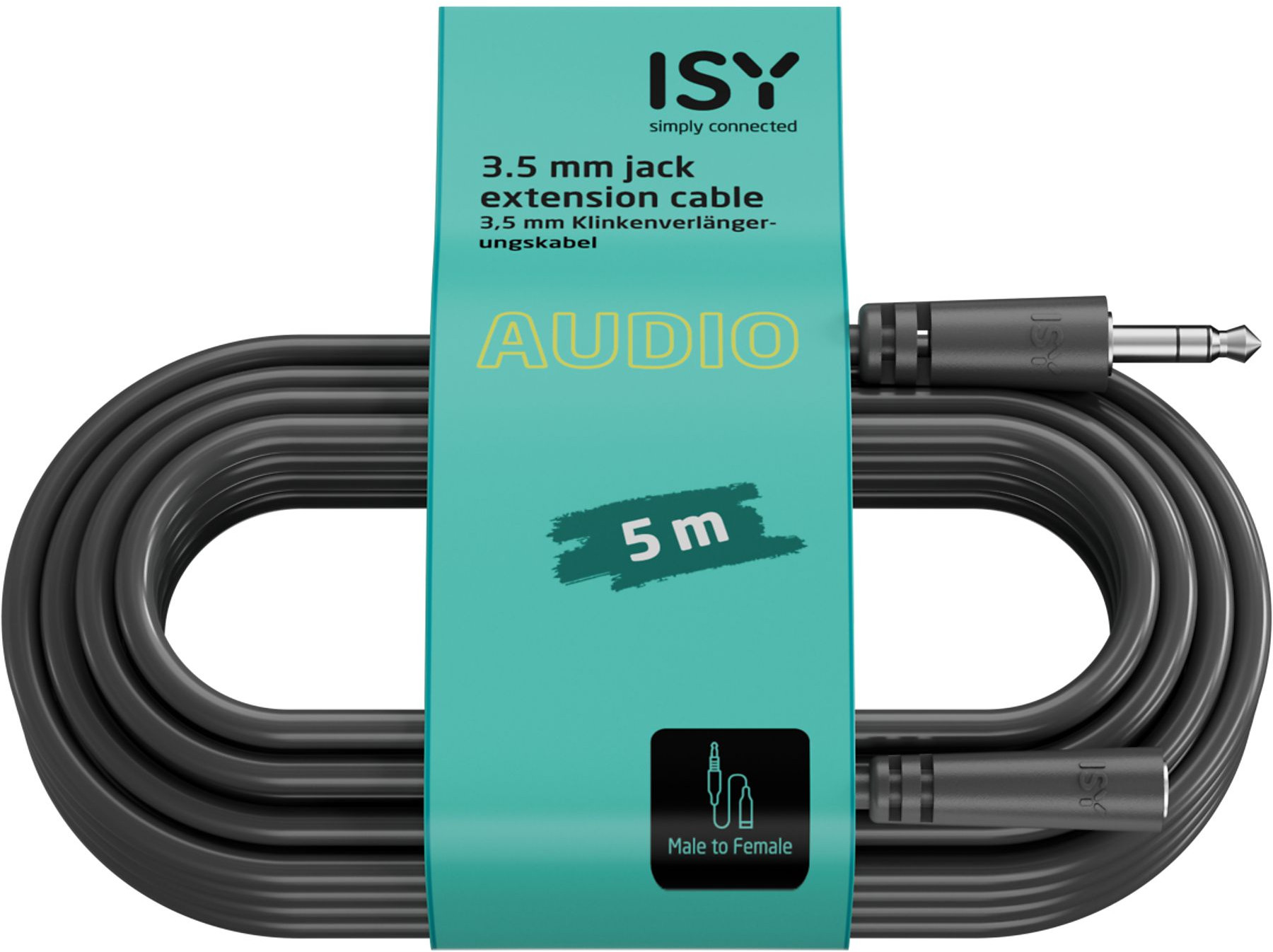 Czarny kabel przedłużający audio ISY 3,5 mm. Etykieta: Audio, 5 m, męski na żeński. Turkusowe tło z białym tekstem. Kabel jest pętlą.