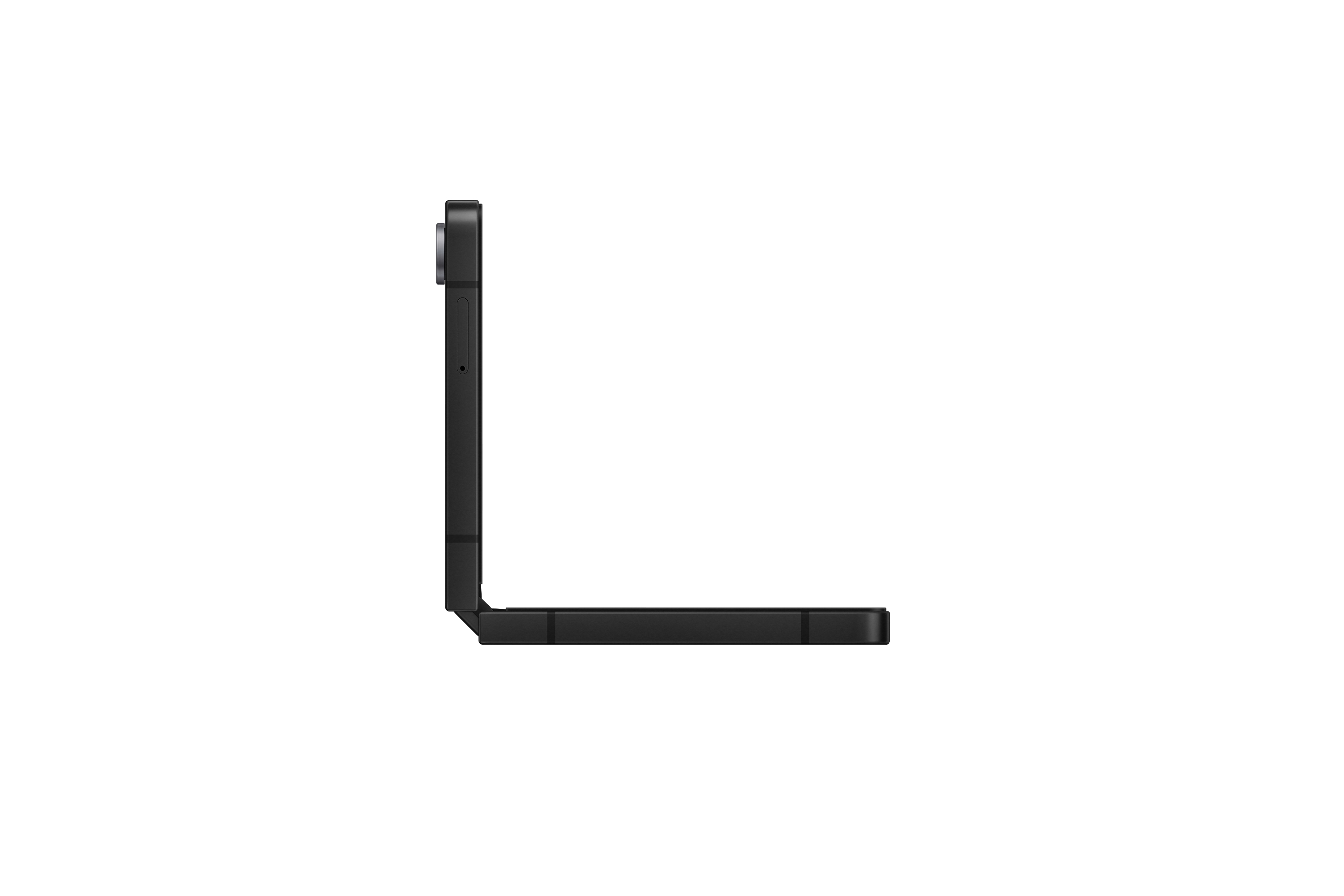 Ein schwarzes, gefaltetes Smartphone, Seitenansicht, vor weißem Hintergrund.