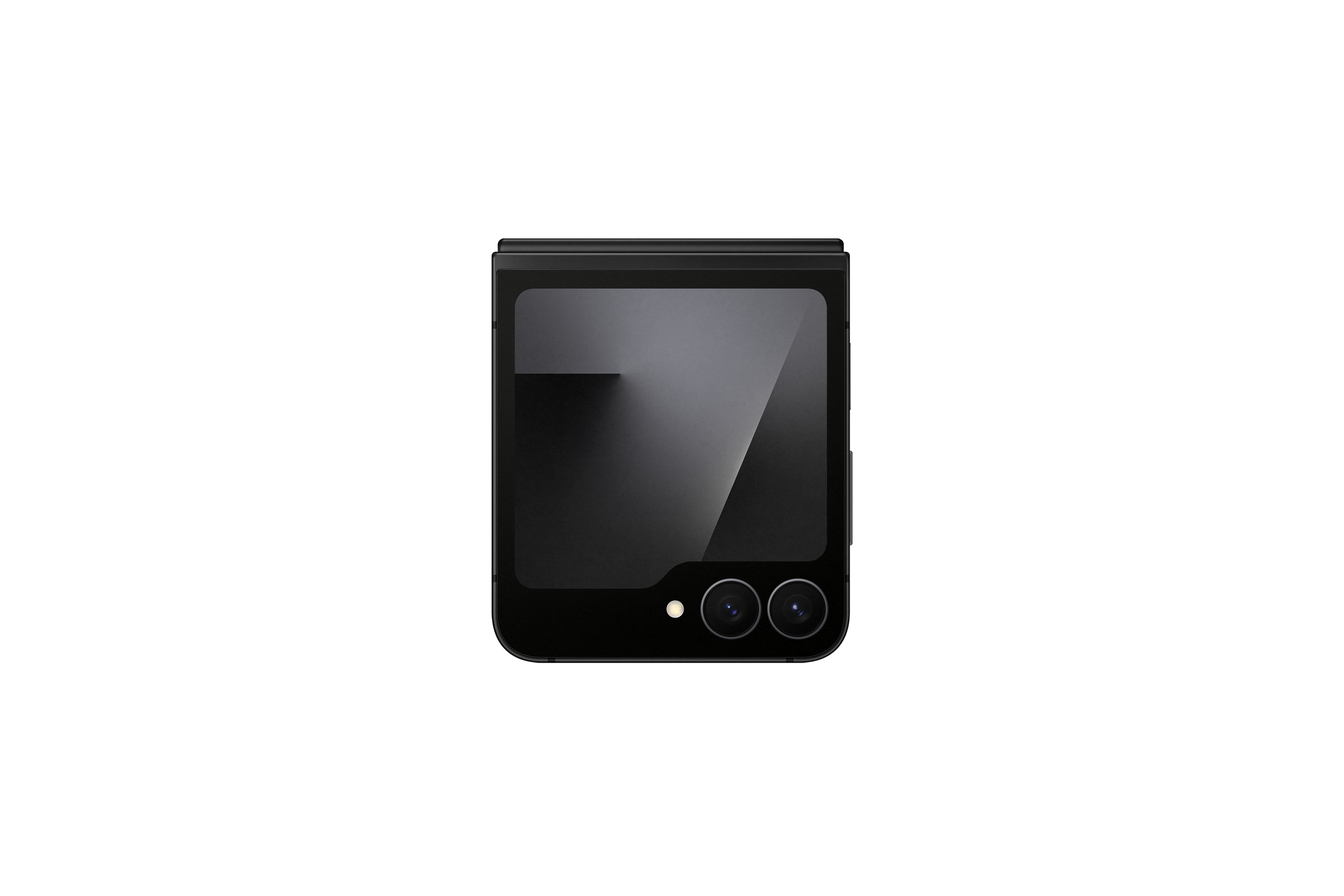 Ein schwarzes, zusammengeklapptes Smartphone befindet sich im Zentrum auf weißem Grund. Es hat eine Kamera und einen Bildschirm.