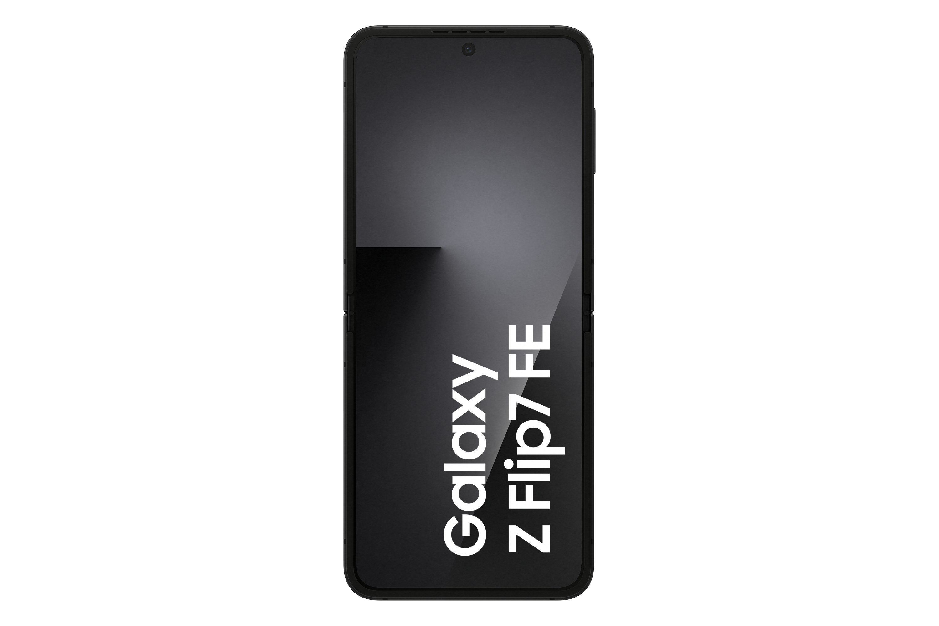 Ein schwarzes Samsung Galaxy Z Flip7 FE-Smartphone wird gezeigt. Der Bildschirm zeigt den Modellnamen in weißem Text.