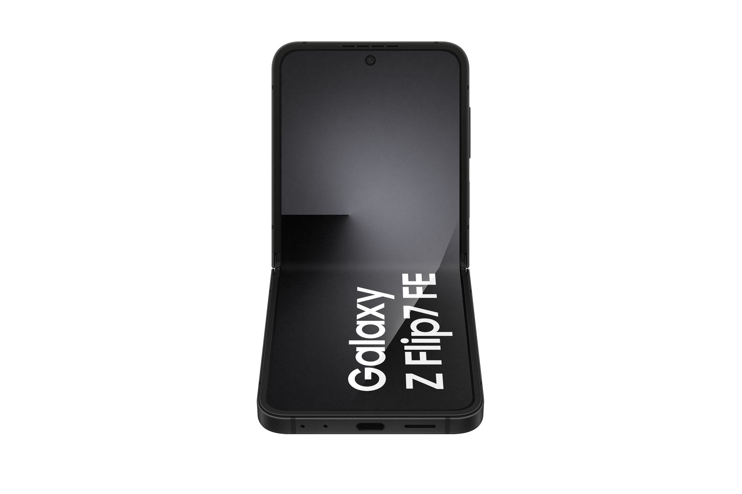 Schwarzes Samsung Galaxy Z Flip7 FE, geöffnet, auf weißem Hintergrund. Das Telefon zeigt den Markennamen.