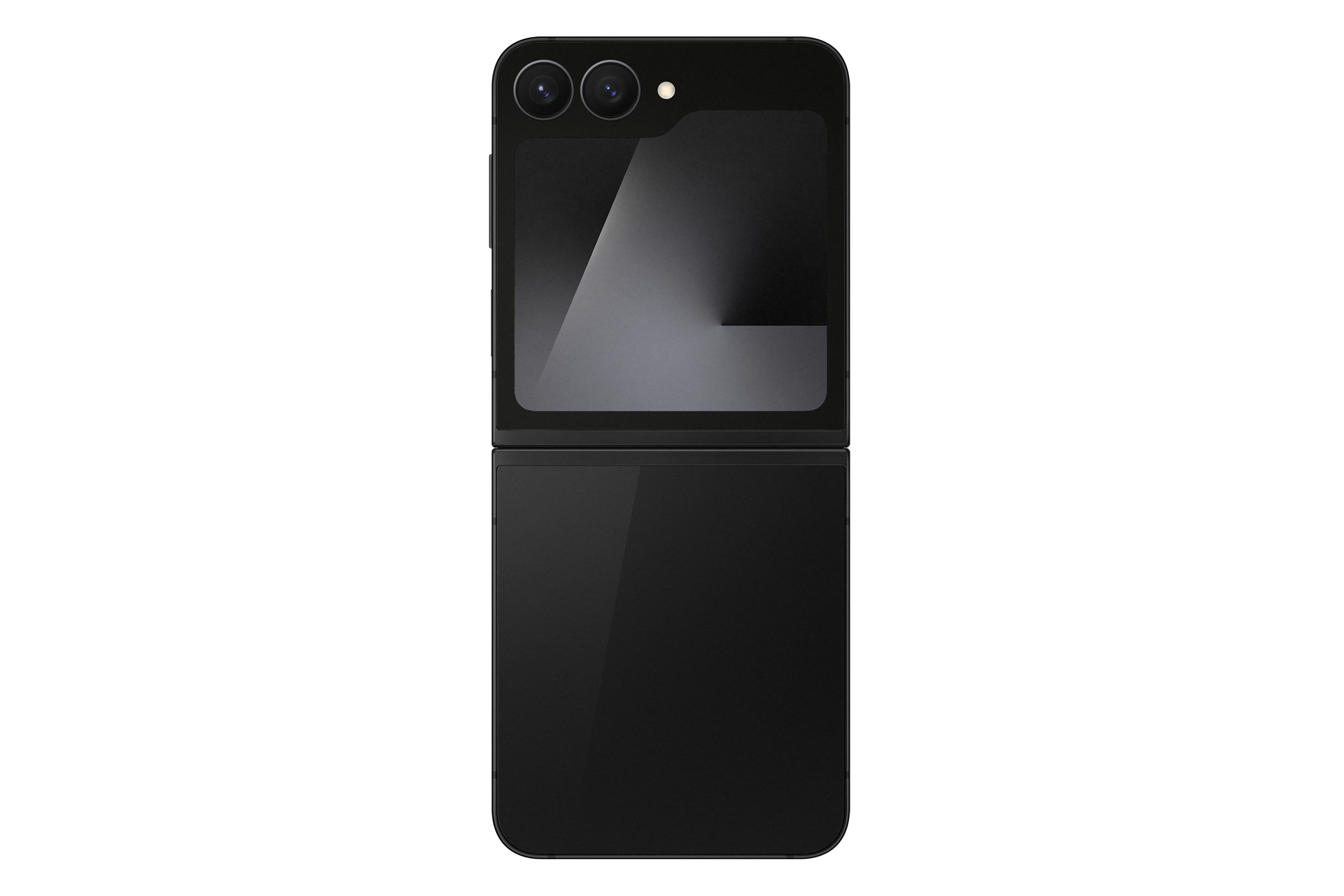 Ein schwarzes faltbares Smartphone, teilweise geöffnet. Zwei Kameras sind auf der oberen Hälfte sichtbar. Der Hintergrund ist weiß.
