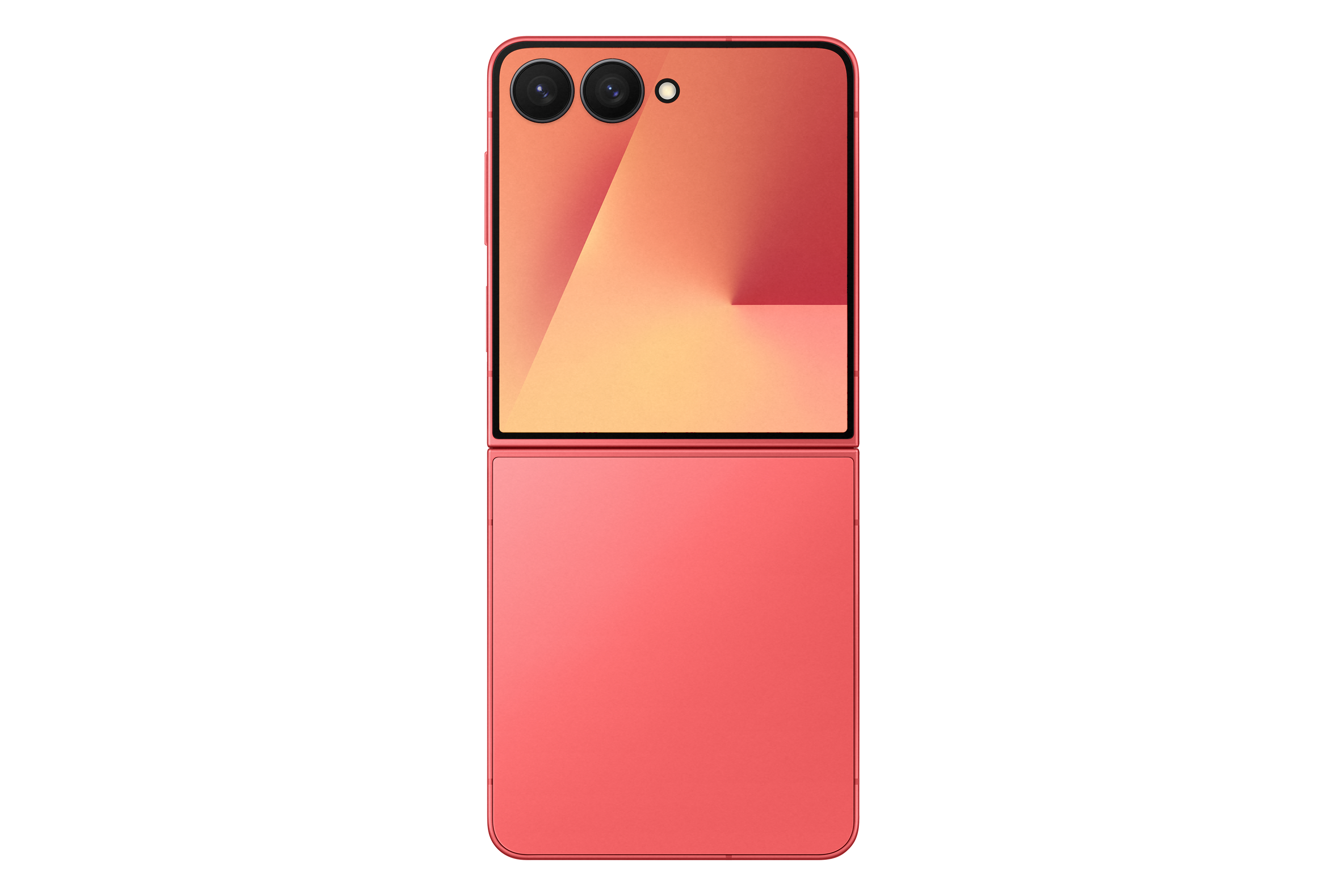 Ein korallenrotes faltbares Smartphone, halb geöffnet. Der obere Teil hat Kameras und einen Bildschirm. Der untere Teil ist geschlossen.