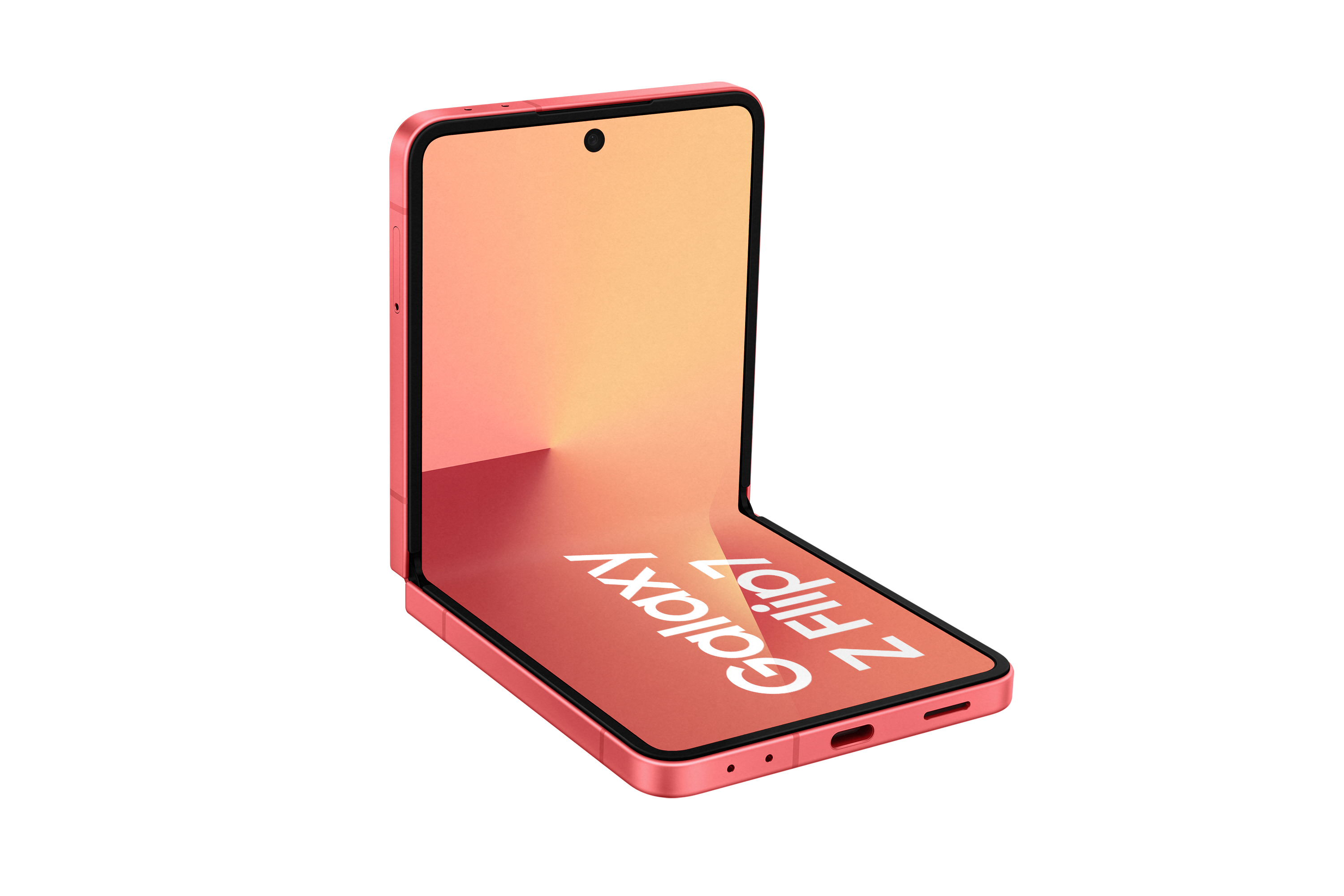 Ein pinkfarbenes, faltbares Samsung Galaxy Z Flip 7-Telefon wird geöffnet angezeigt. Der Bildschirm zeigt einen Farbverlauf.
