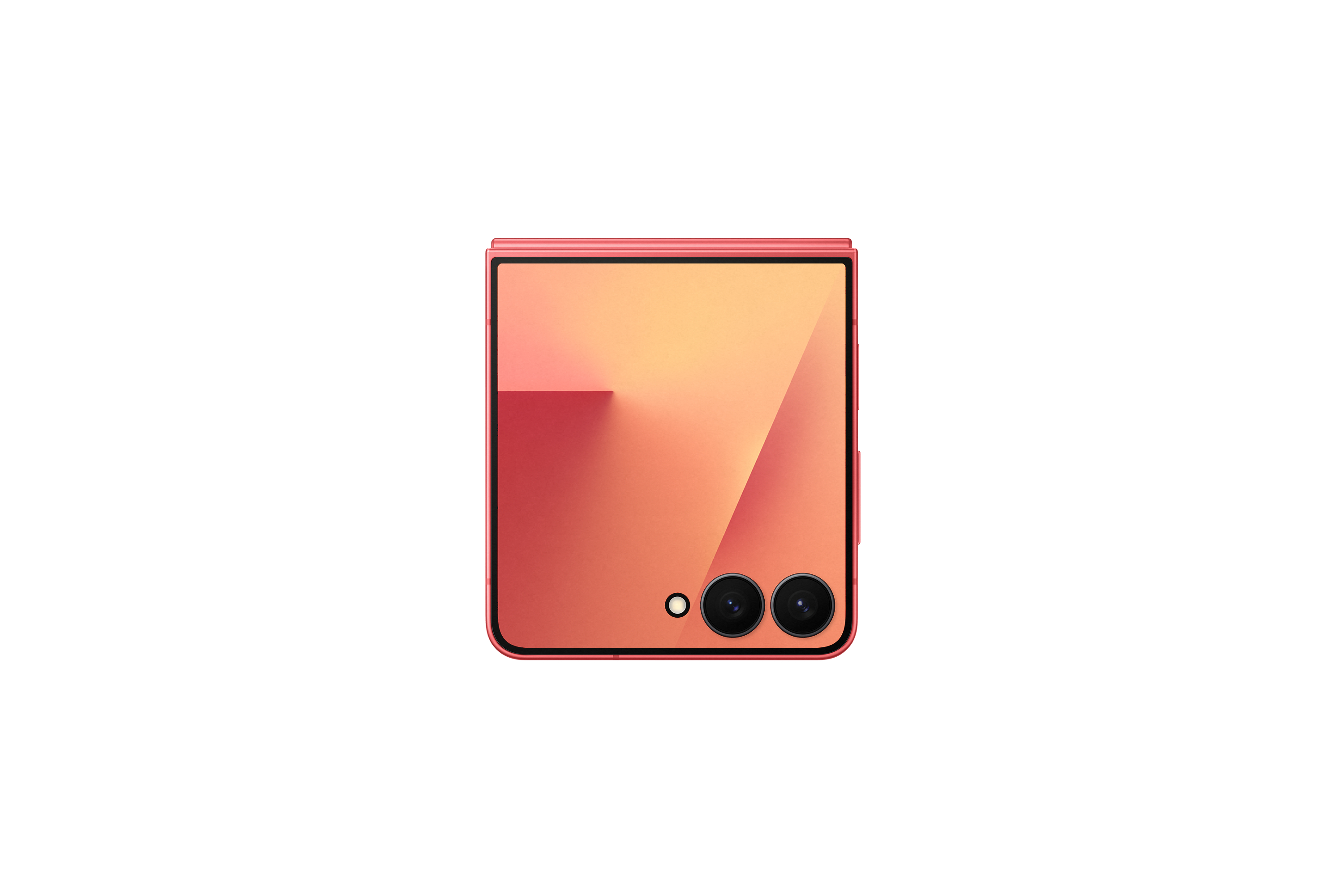 Ein gefaltetes, korallenfarbenes Smartphone ist auf weißem Hintergrund zentriert. Es hat zwei Kameraobjektive und eine Frontkamera.