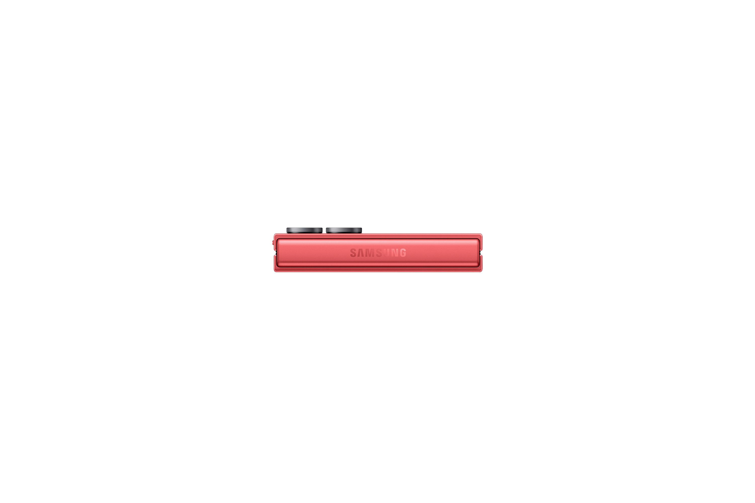 Ein rotes Samsung-Gerät, seitlich gesehen, auf weißem Hintergrund. Es hat zwei Knöpfe und den Markennamen.