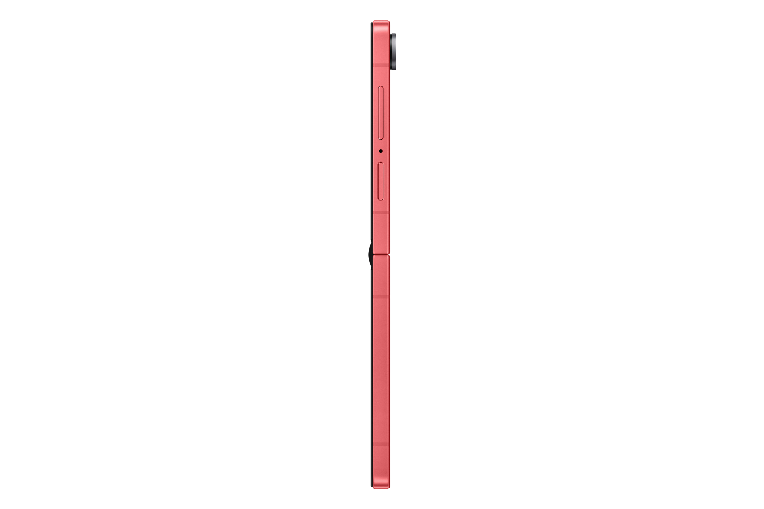 Seitenansicht eines korallenfarbenen Smartphones, gefaltet. Die Seite zeigt Knöpfe, ein Scharnier und eine Kamera. Weißer Hintergrund.