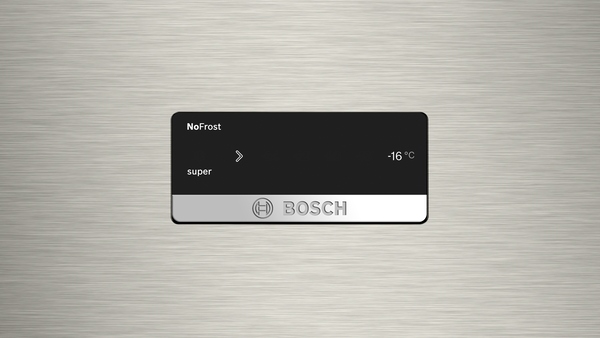 Buzdolabı kontrol paneli 'NoFrost', 'super' ve -16°C gösteriyor. Bosch logosu görünür.