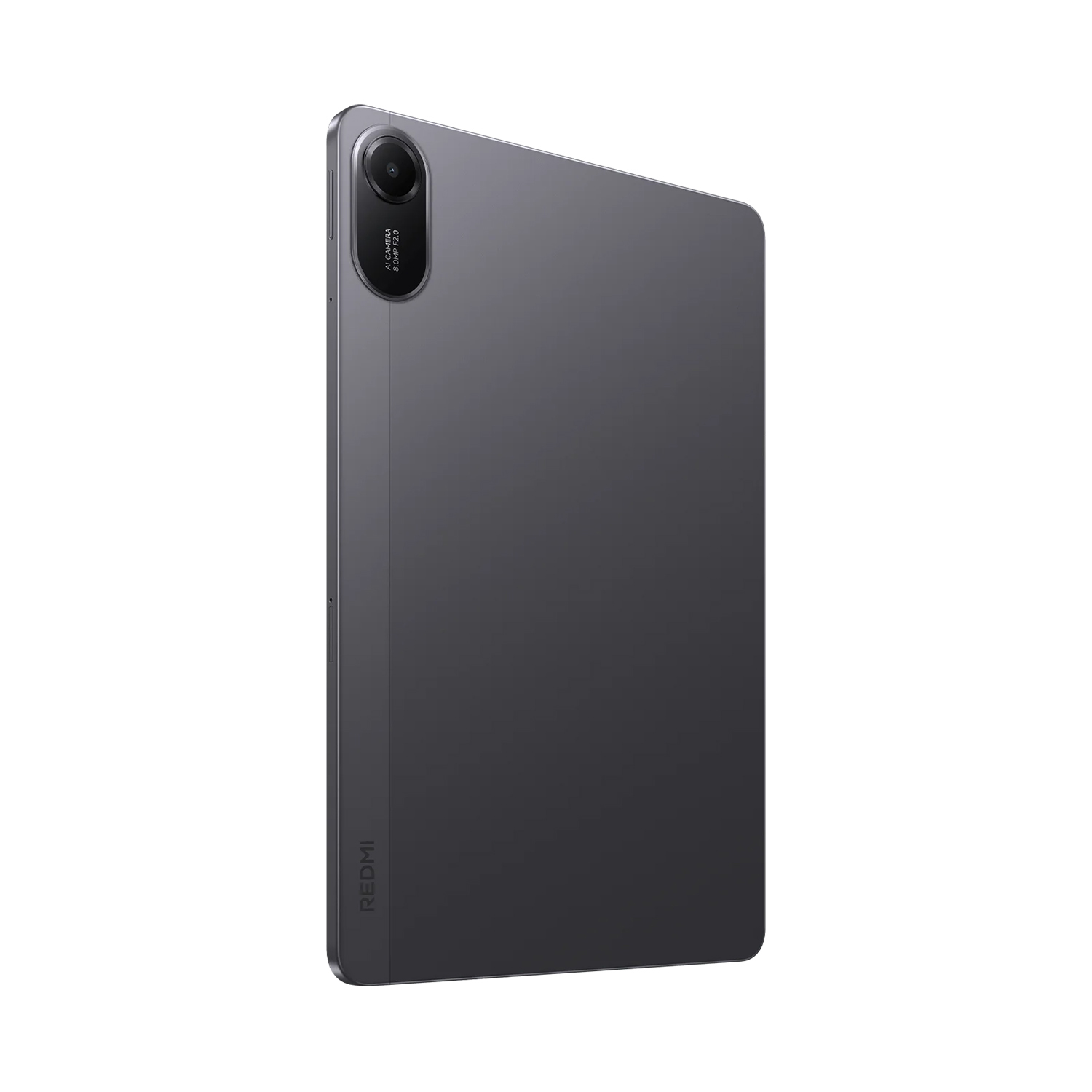 Un tablet Redmi grigio scuro. Ha una fotocamera in alto a sinistra e un logo Redmi sul lato. Lo sfondo è bianco.
