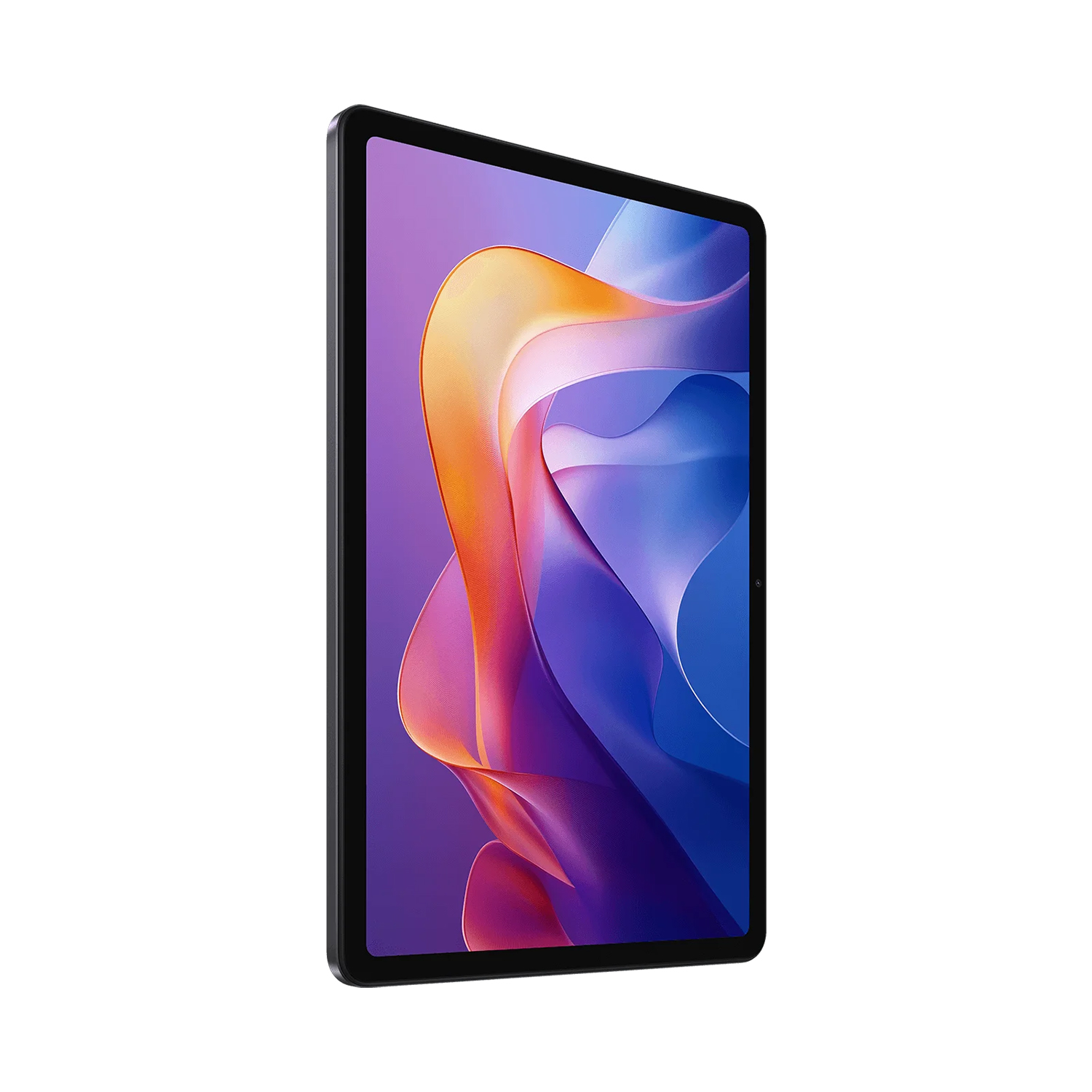 Un tablet, cornice nera, sfondo astratto colorato, vista angolata. Sfondo bianco.