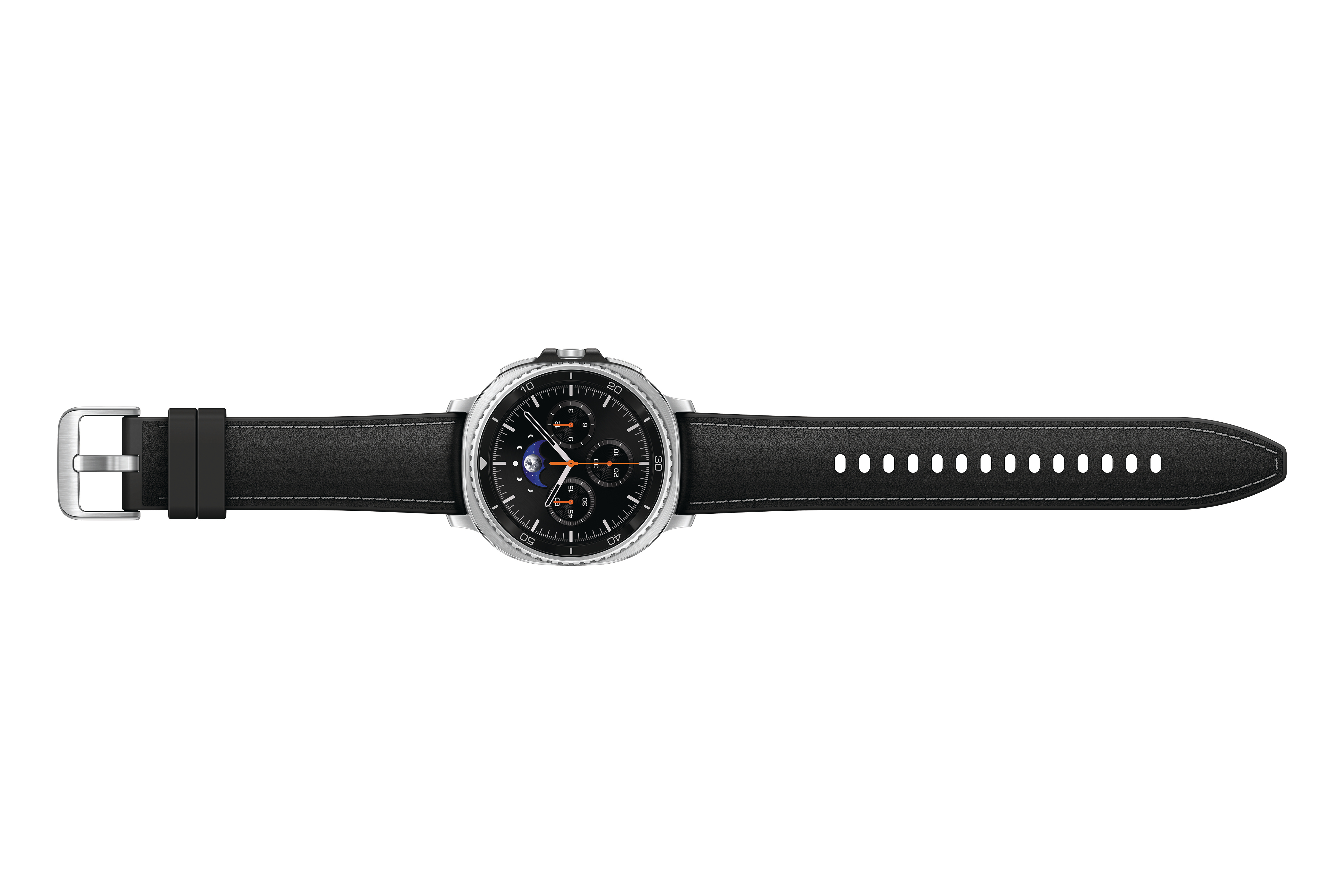 Eine silberne Smartwatch mit schwarzem Lederarmband. Das Zifferblatt hat mehrere Zifferblätter und eine Mondphasenanzeige.