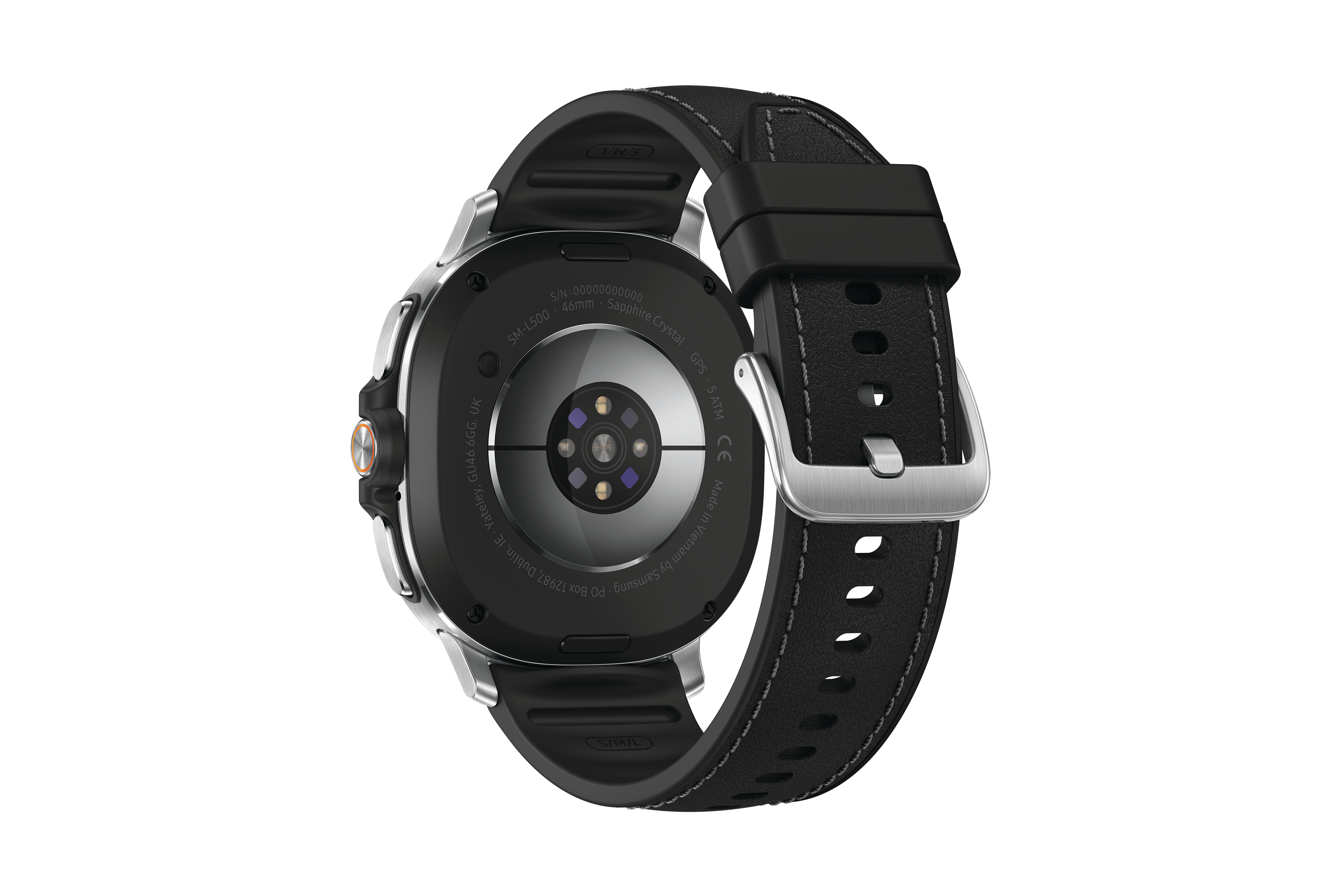 Eine schwarze Smartwatch mit schwarzem Lederarmband und silberner Schnalle vor weißem Hintergrund.