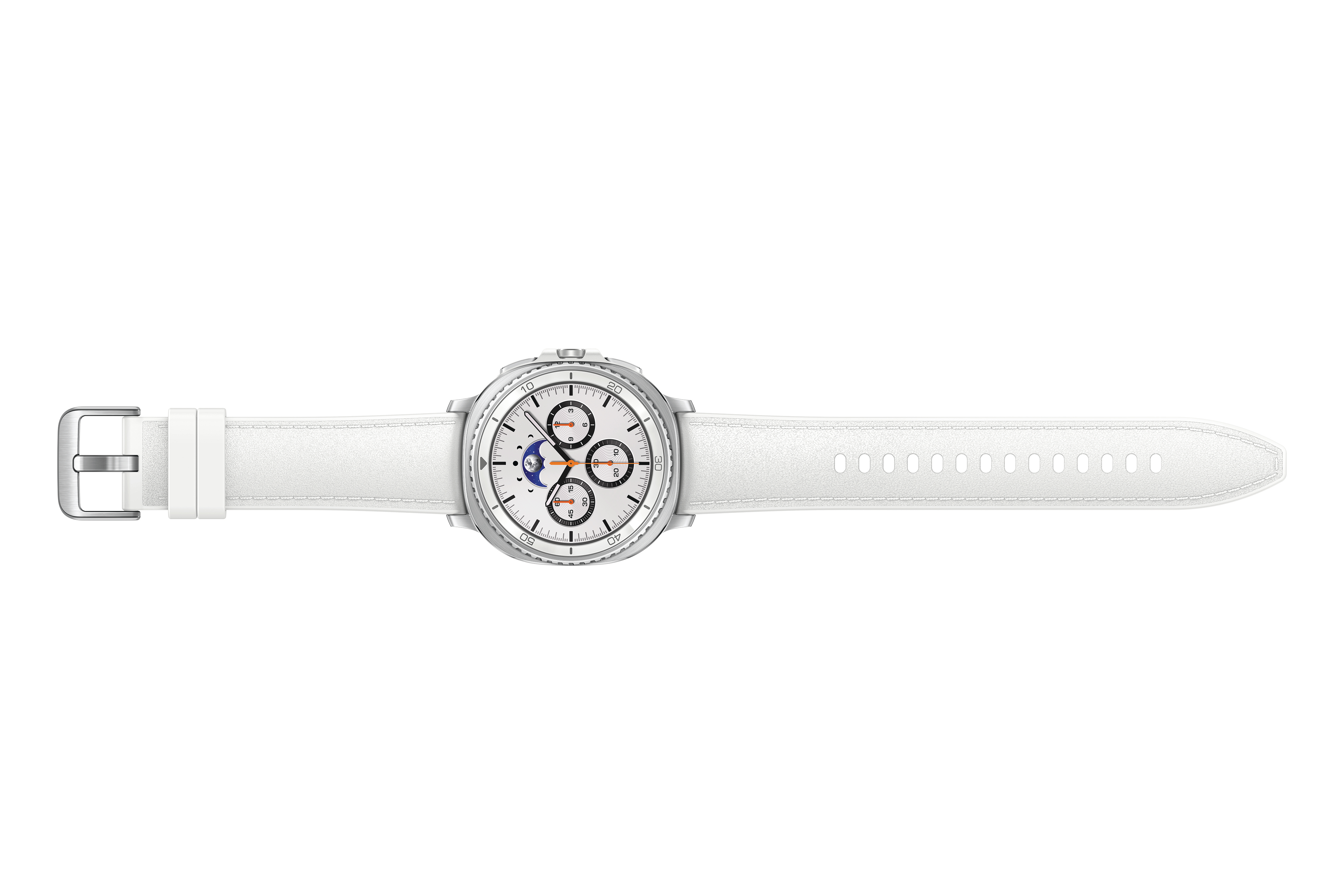 Eine silberne Smartwatch mit weißem Lederarmband wird vor weißem Hintergrund gezeigt. Das Zifferblatt zeigt mehrere Zifferblätter.