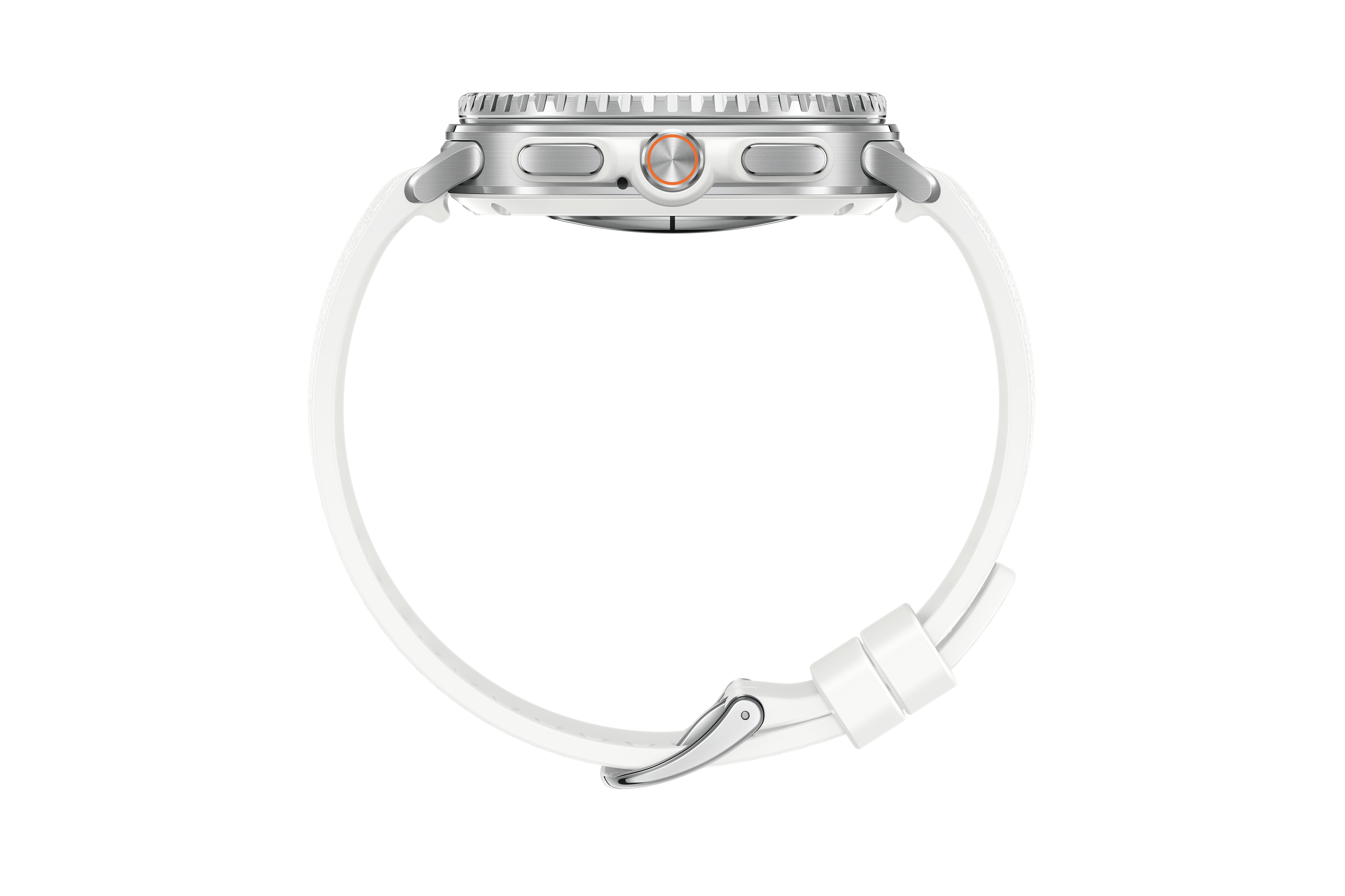 Seitenansicht einer silbernen Smartwatch mit weißem Armband. Die Uhr hat ein schwarzes Display und eine orangefarbene Taste.