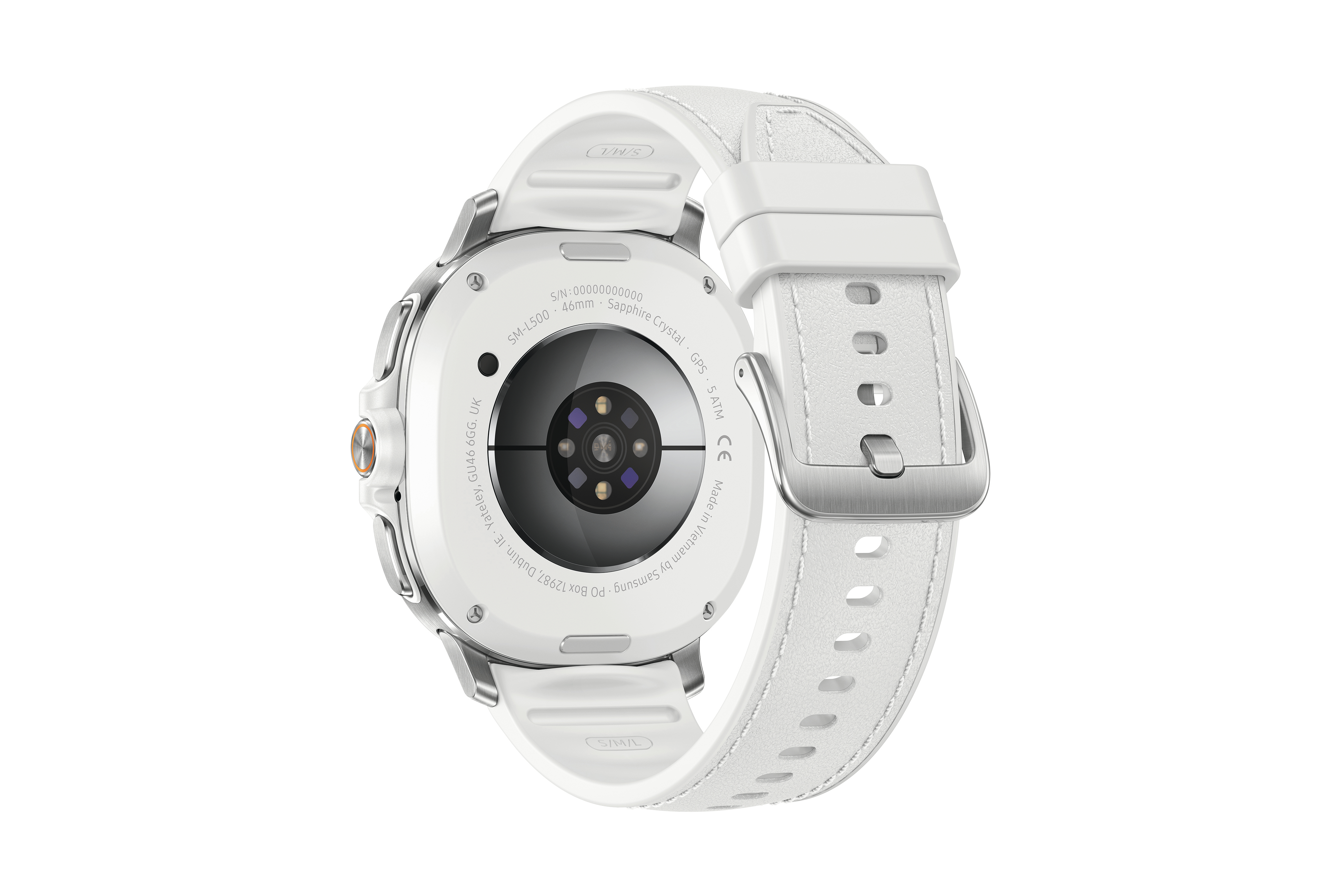 Eine weiße Samsung-Smartwatch mit weißem Armband. Die Uhr ist rund mit silbernen Details.