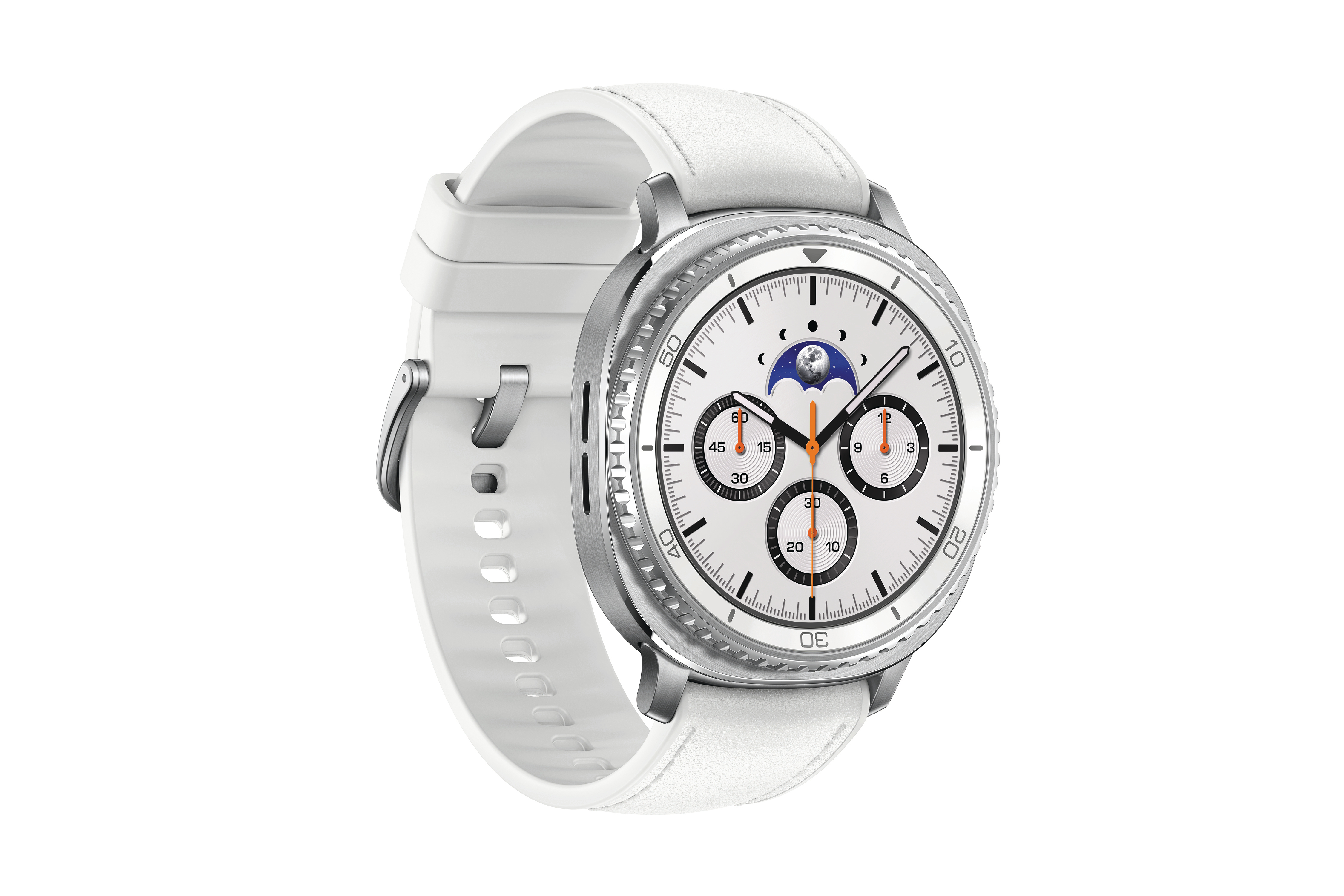 Eine weiße Smartwatch mit weißem Armband. Das Zifferblatt ist weiß mit schwarzen und orangefarbenen Details. Der Hintergrund ist weiß.