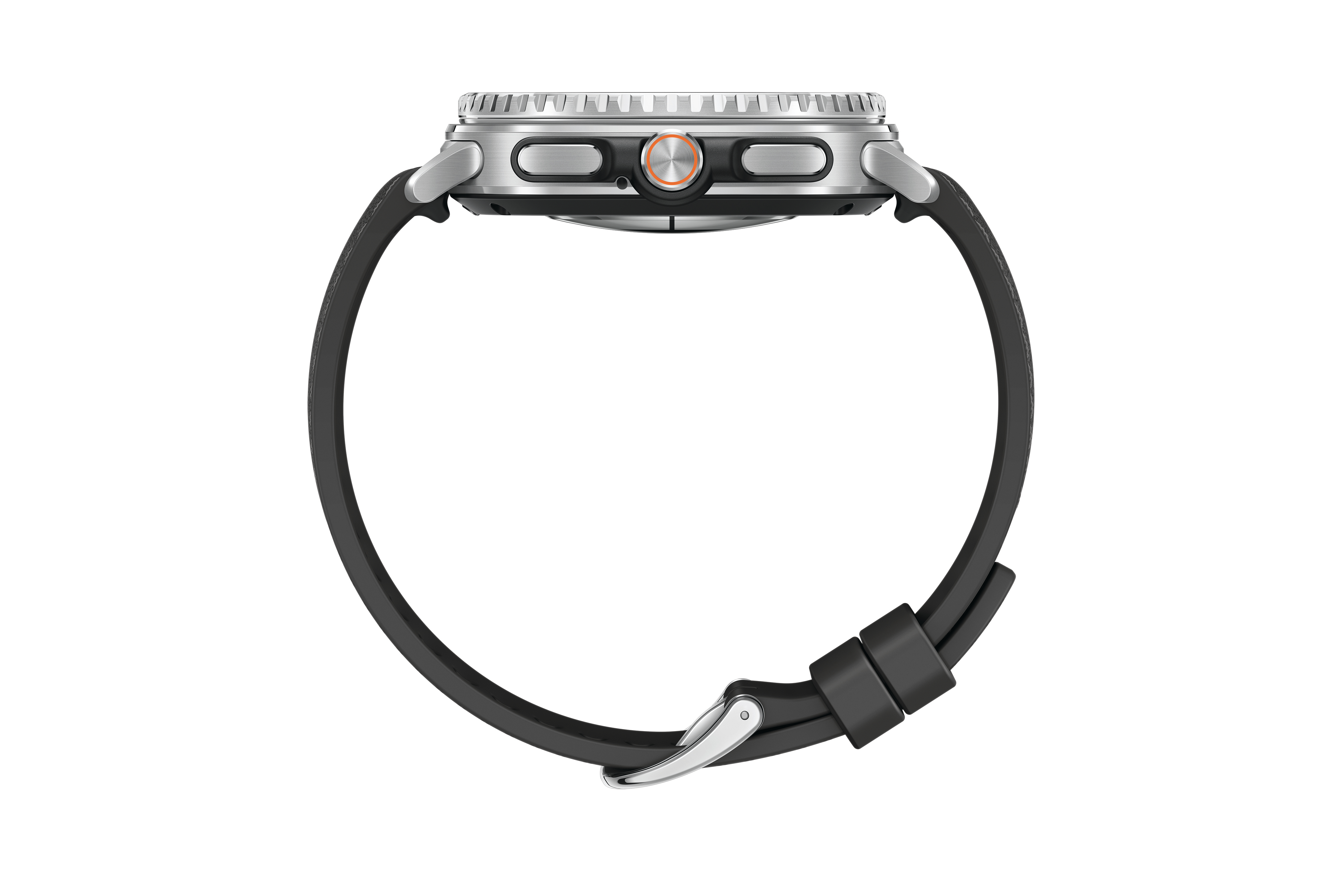 Seitenansicht einer Armbanduhr mit schwarzem Armband. Die Uhr hat eine silberne Lünette, ein schwarzes Gehäuse und einen orangefarbenen Knopf.