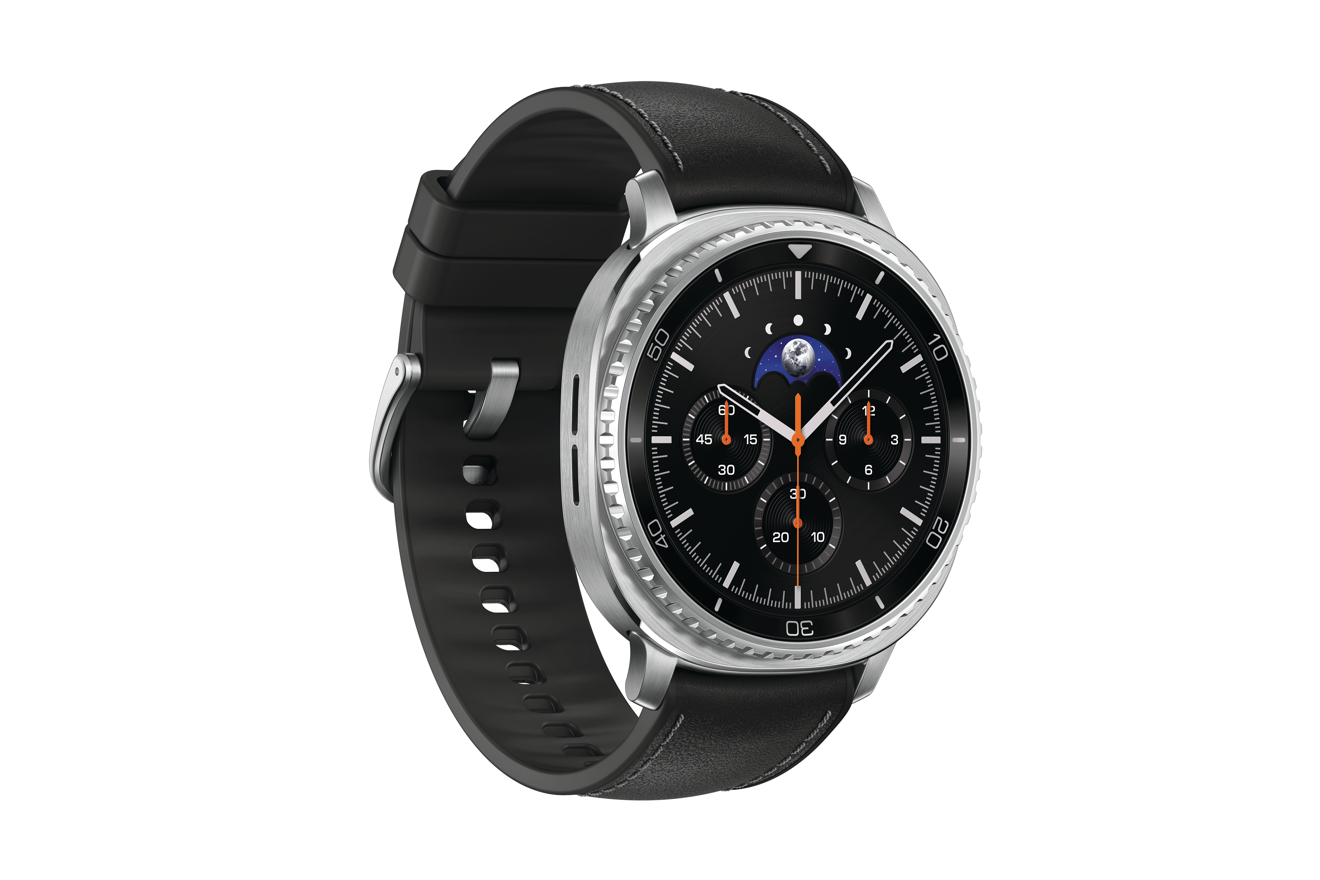 Eine silberne Smartwatch mit schwarzem Zifferblatt und Lederarmband. Die Uhr zeigt eine Mondphase und mehrere Zifferblätter.