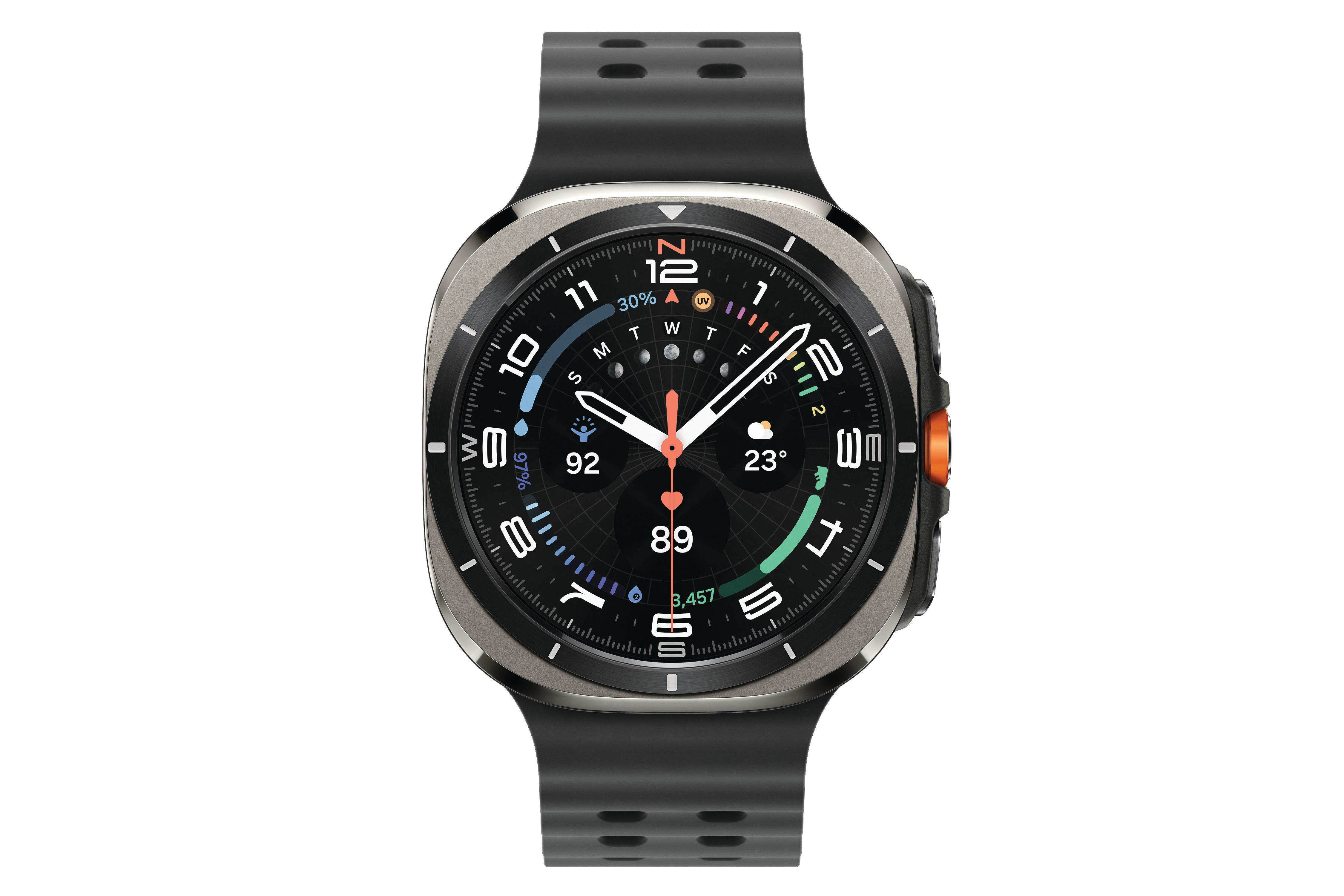 Eine Smartwatch mit schwarzem Armband und Metalllünette. Das Zifferblatt zeigt Daten und Uhrzeit an.