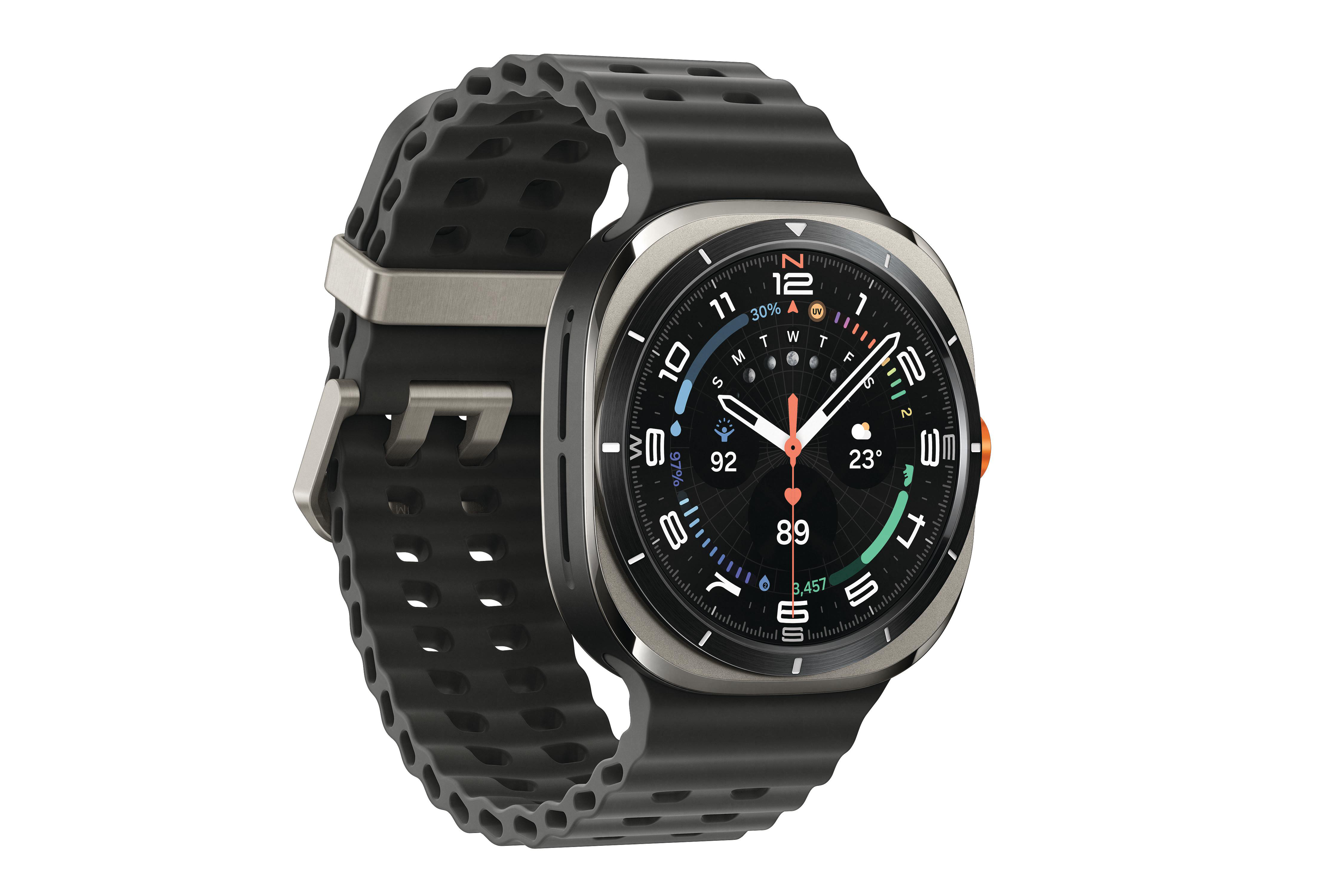 Eine schwarze Smartwatch mit grauem Rahmen und Armband. Das Zifferblatt zeigt Zahlen, Zeiger und verschiedene Daten.