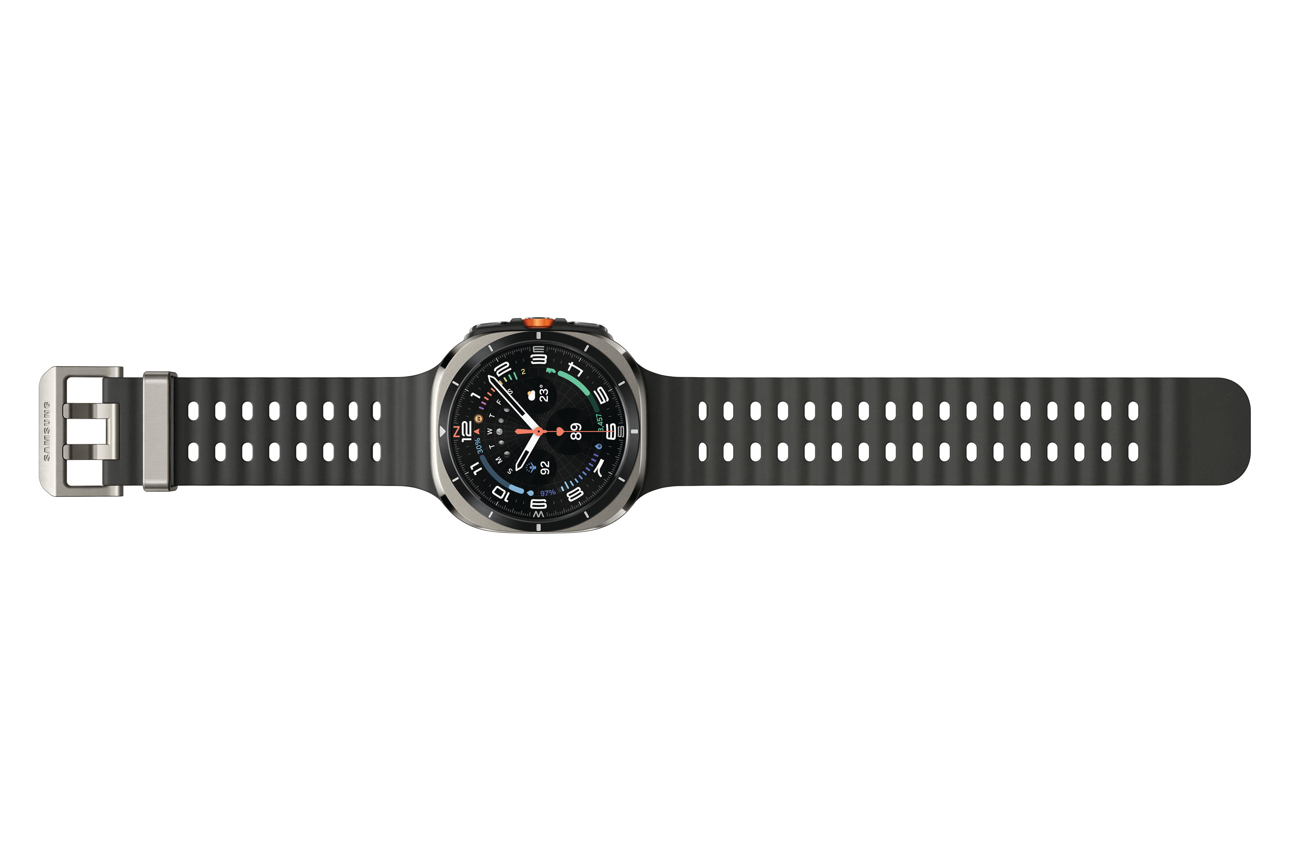 Eine Samsung-Smartwatch mit schwarzem Armband. Das Zifferblatt zeigt Zeit und Gesundheitsmetriken. Silberschnalle sichtbar.