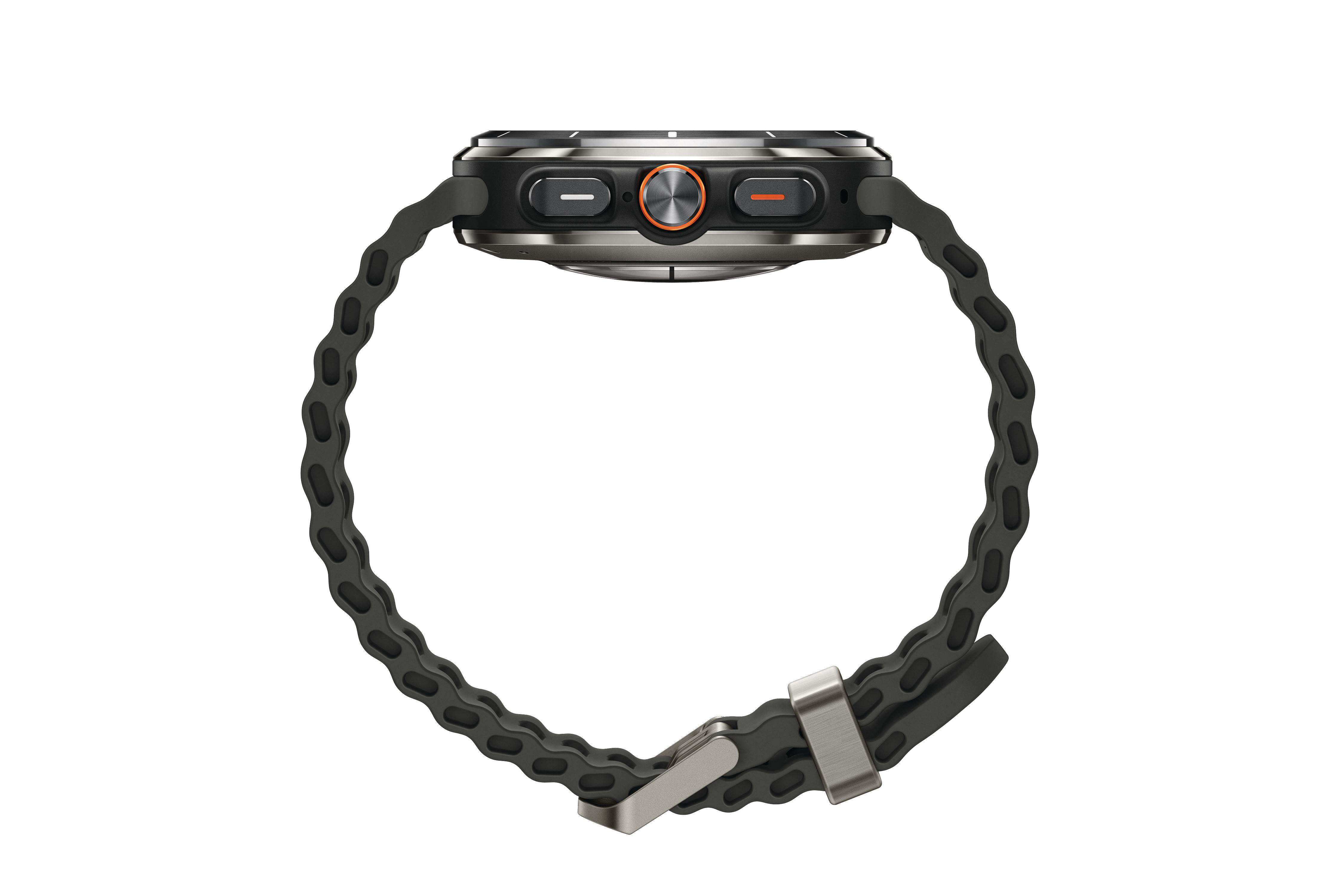 Seitenansicht einer Smartwatch mit grauem Armband. Die Uhr ist schwarz und grau mit einem orangefarbenen Knopf.
