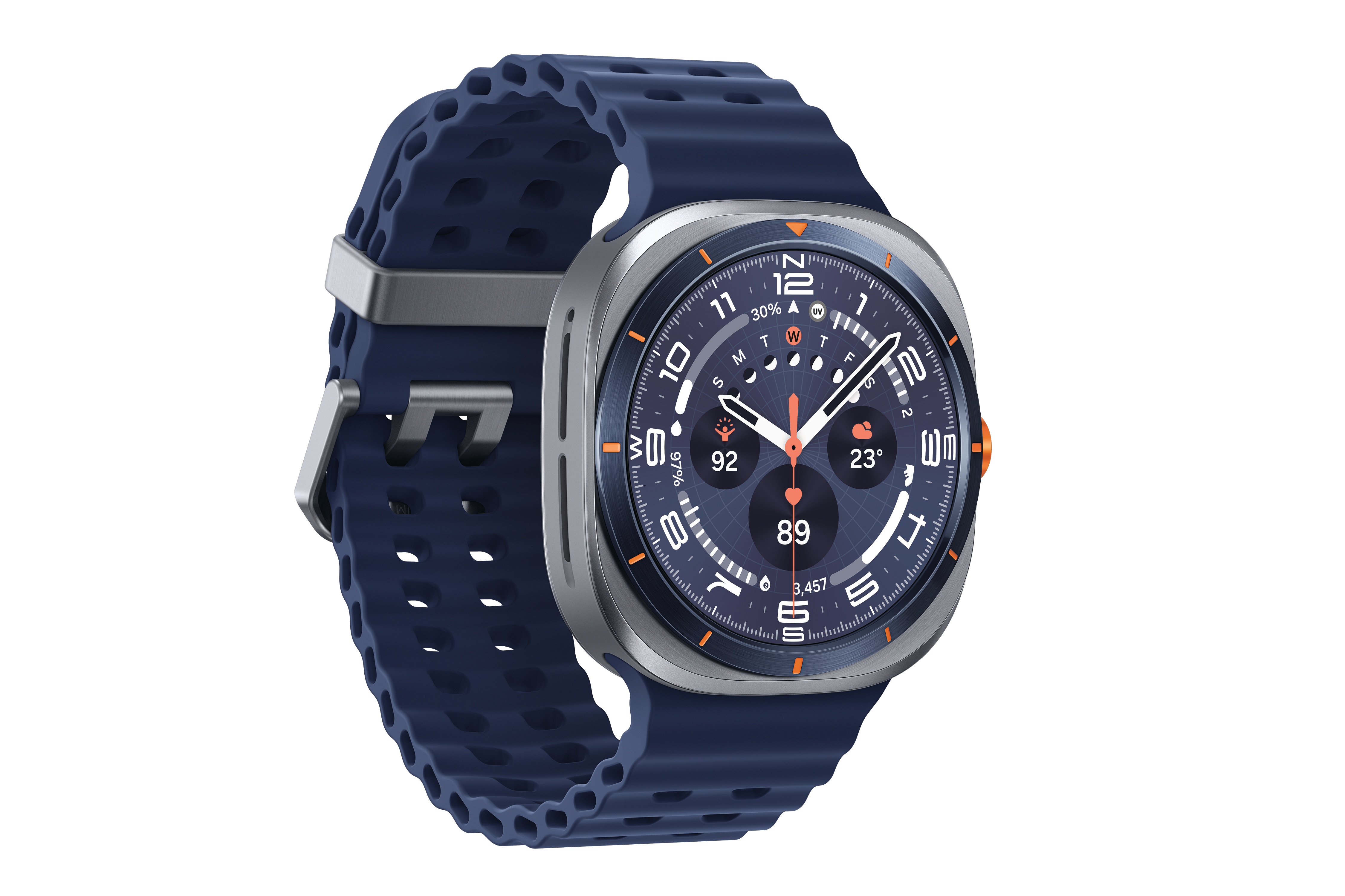 Eine Smartwatch mit blauem Armband und silbernem Gehäuse. Das Zifferblatt zeigt Daten an. Der Hintergrund ist weiß.