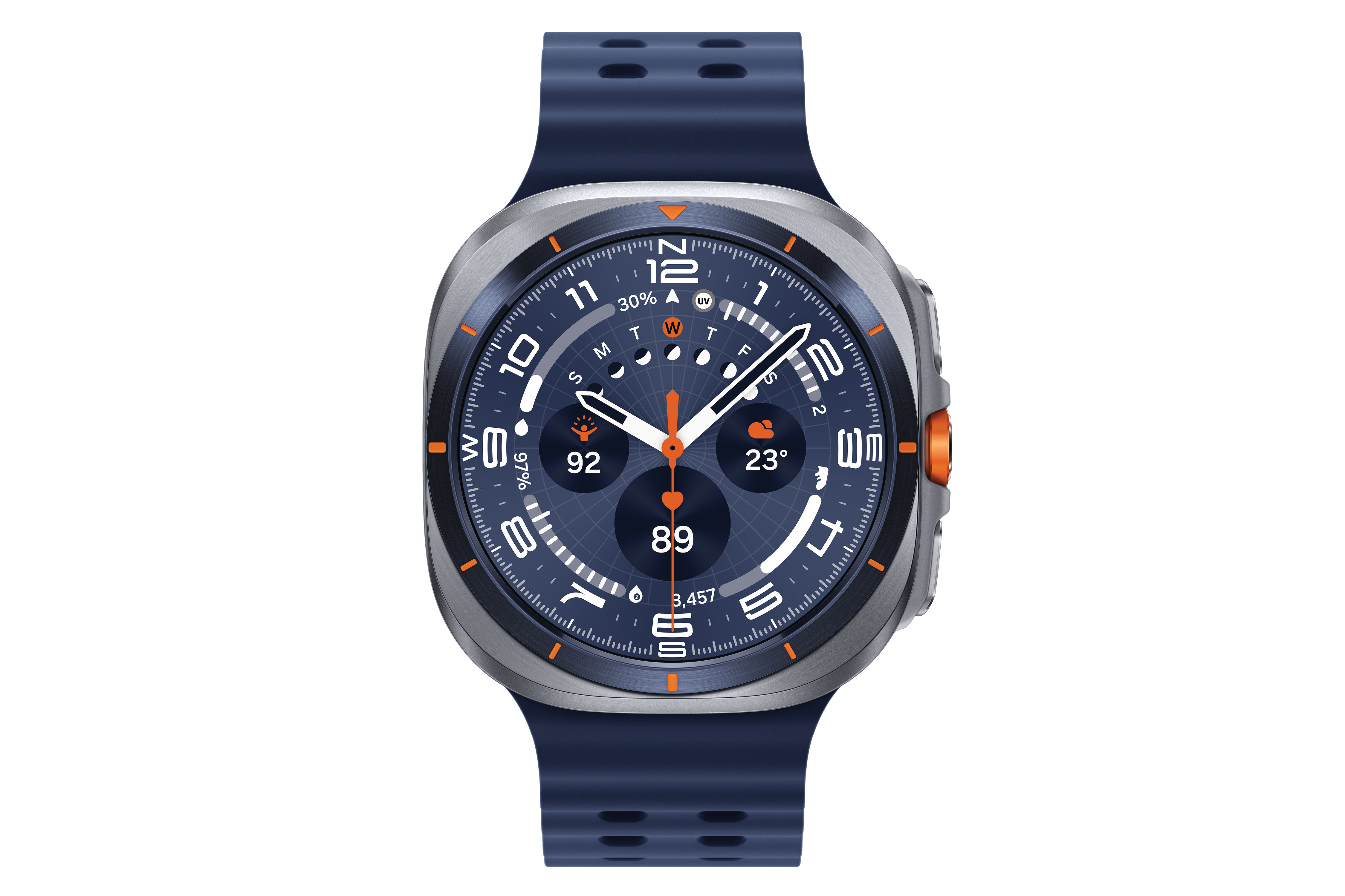 Eine Smartwatch mit blauem Armband und dunkelblauem Zifferblatt. Sie zeigt Zahlen, Wetter und Gesundheitsdaten.
