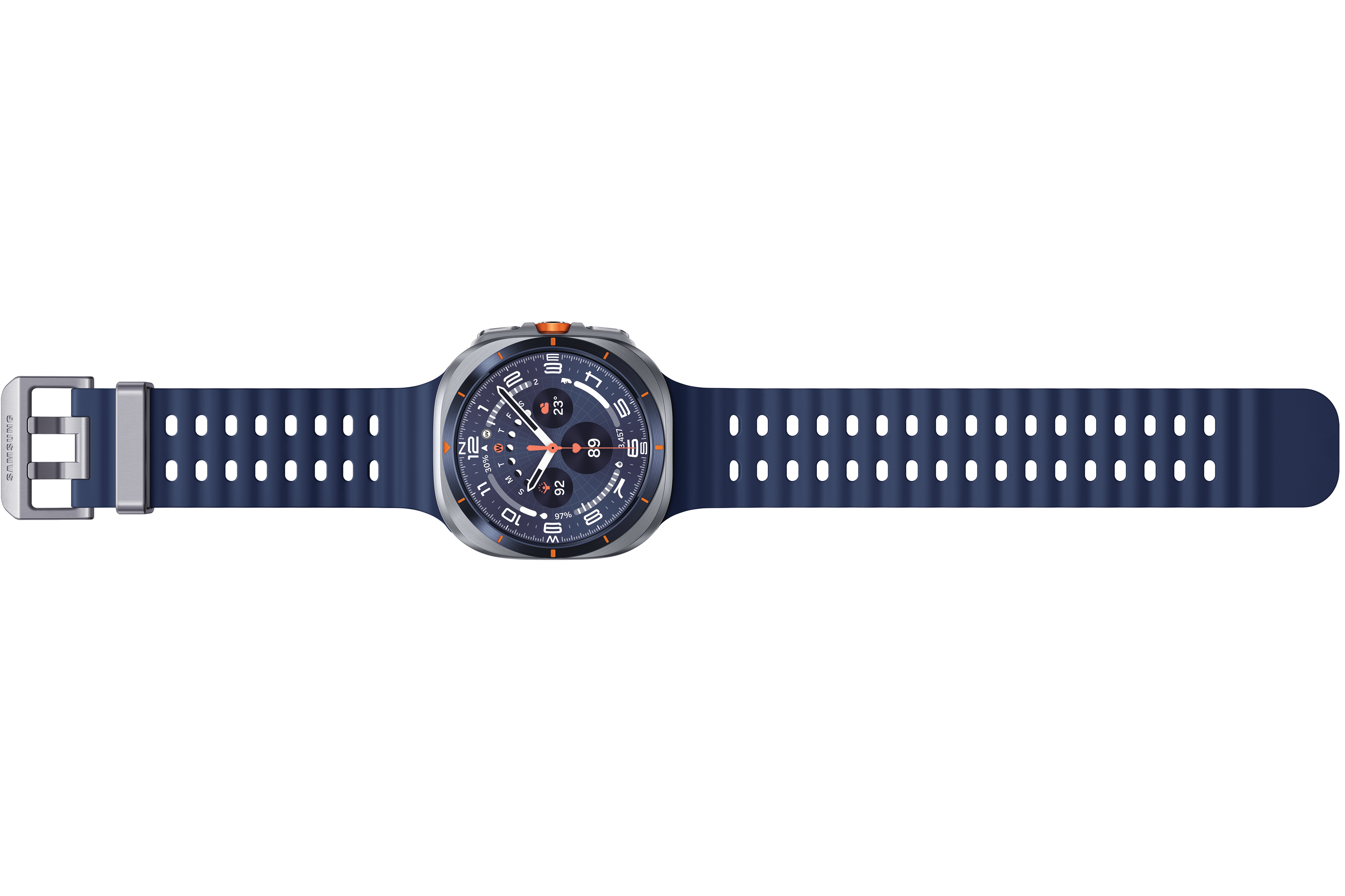 Eine Samsung-Smartwatch mit marineblauem Armband, silberner Lünette und orangefarbenem Akzent.