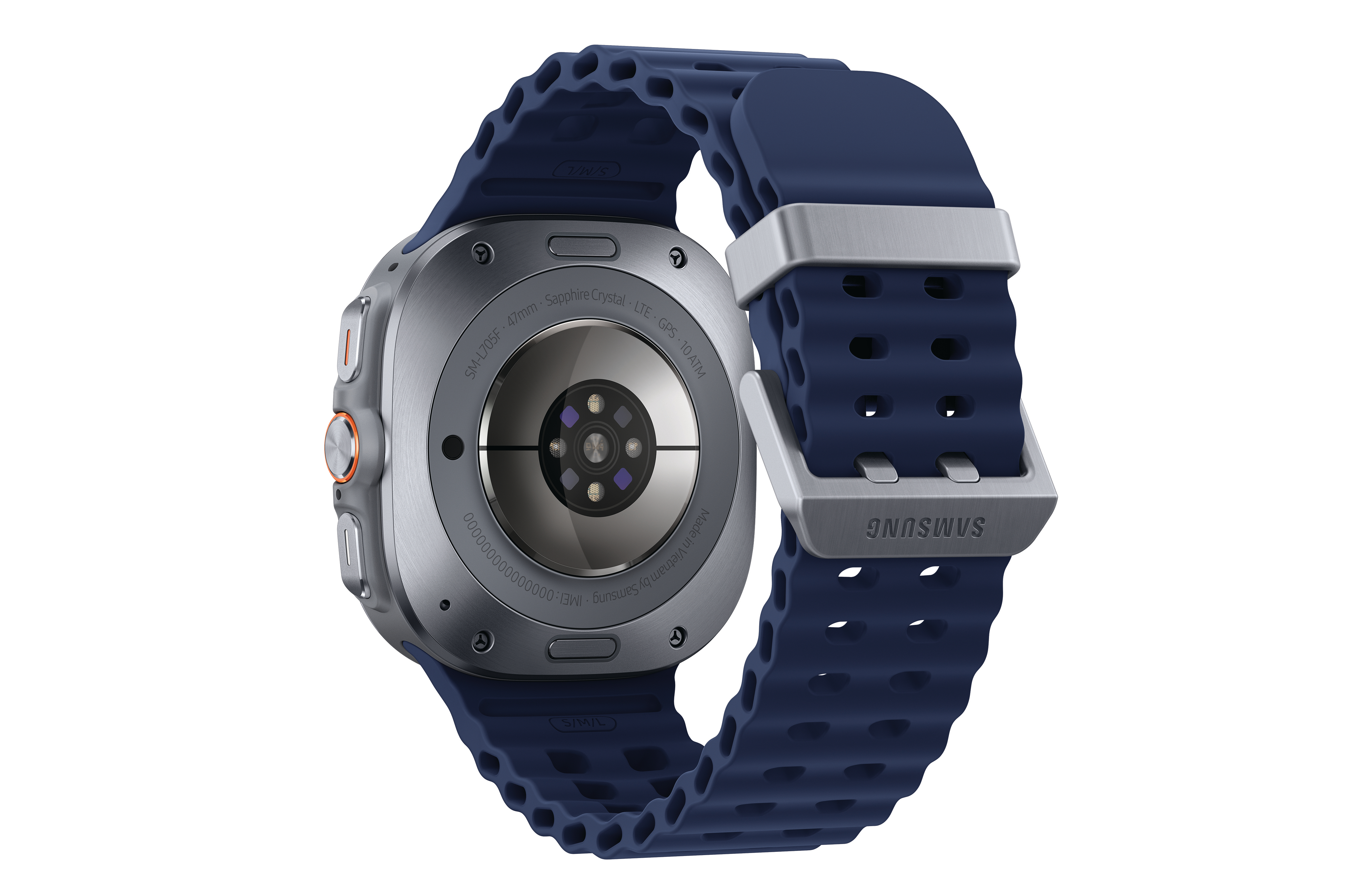 Eine marineblaue Smartwatch mit passendem Armband vor weißem Hintergrund. Die Rückseite ist sichtbar.