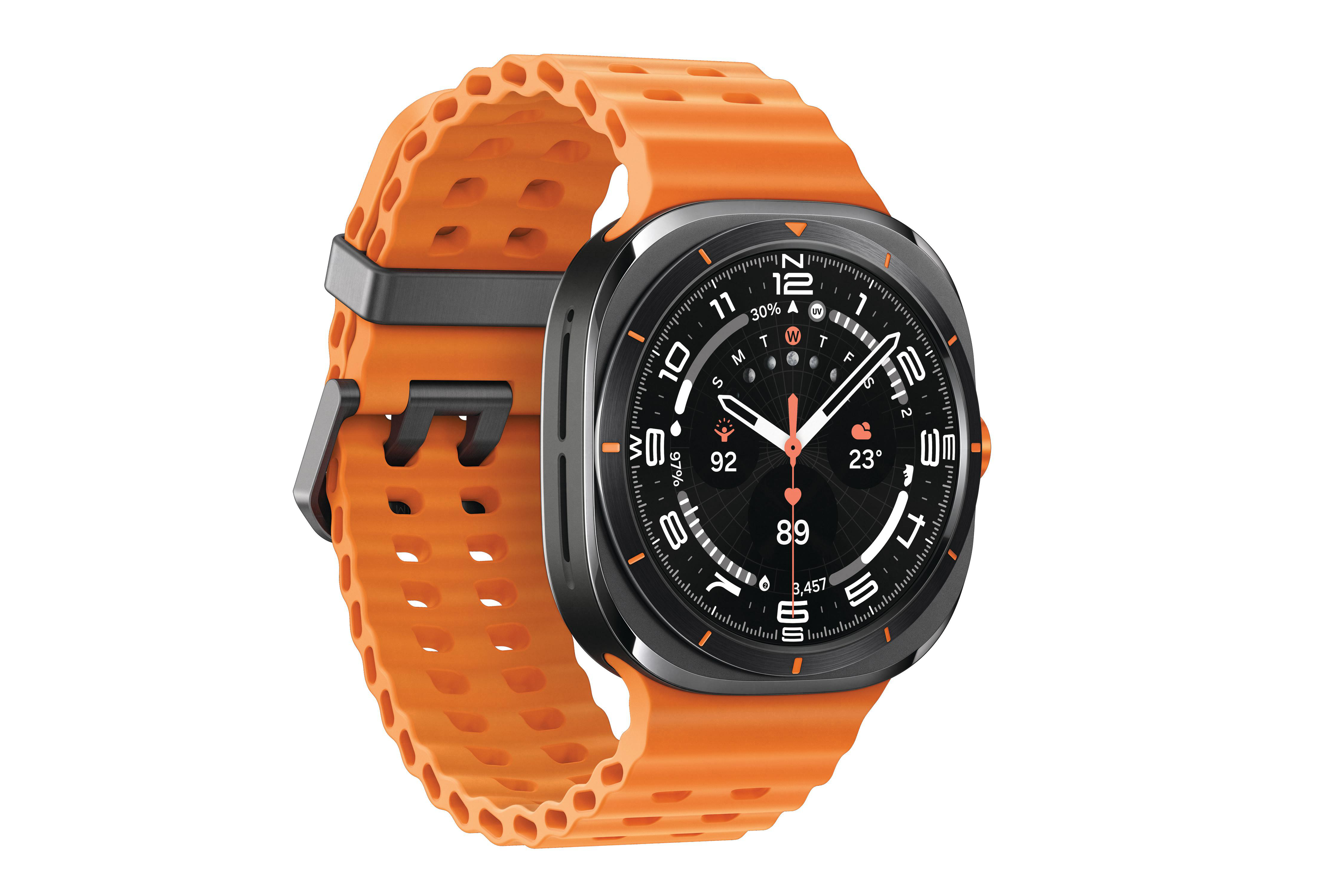 Eine orangefarbene Smartwatch mit schwarzem Display und Armband. Sie zeigt verschiedene Metriken und hat einen weißen Hintergrund.