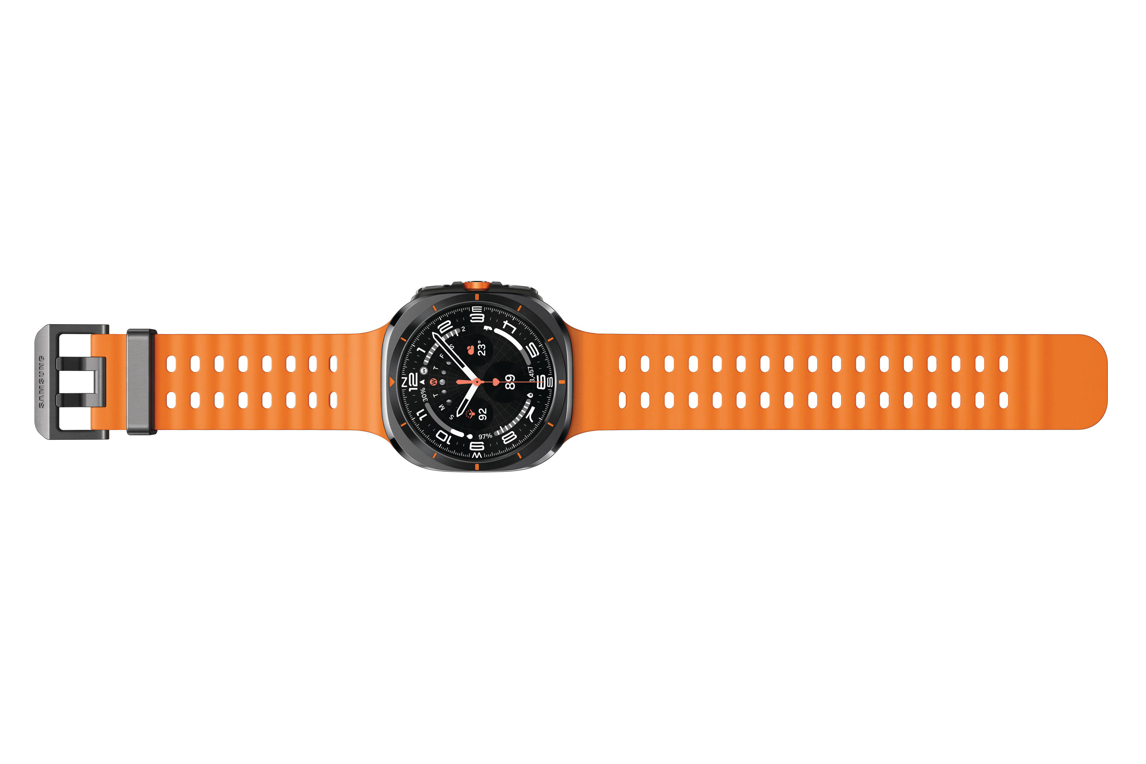 Eine orangefarbene Smartwatch mit schwarzer Lünette, schwarzem Zifferblatt und orangefarbenem Armband. Das Samsung-Logo ist sichtbar.
