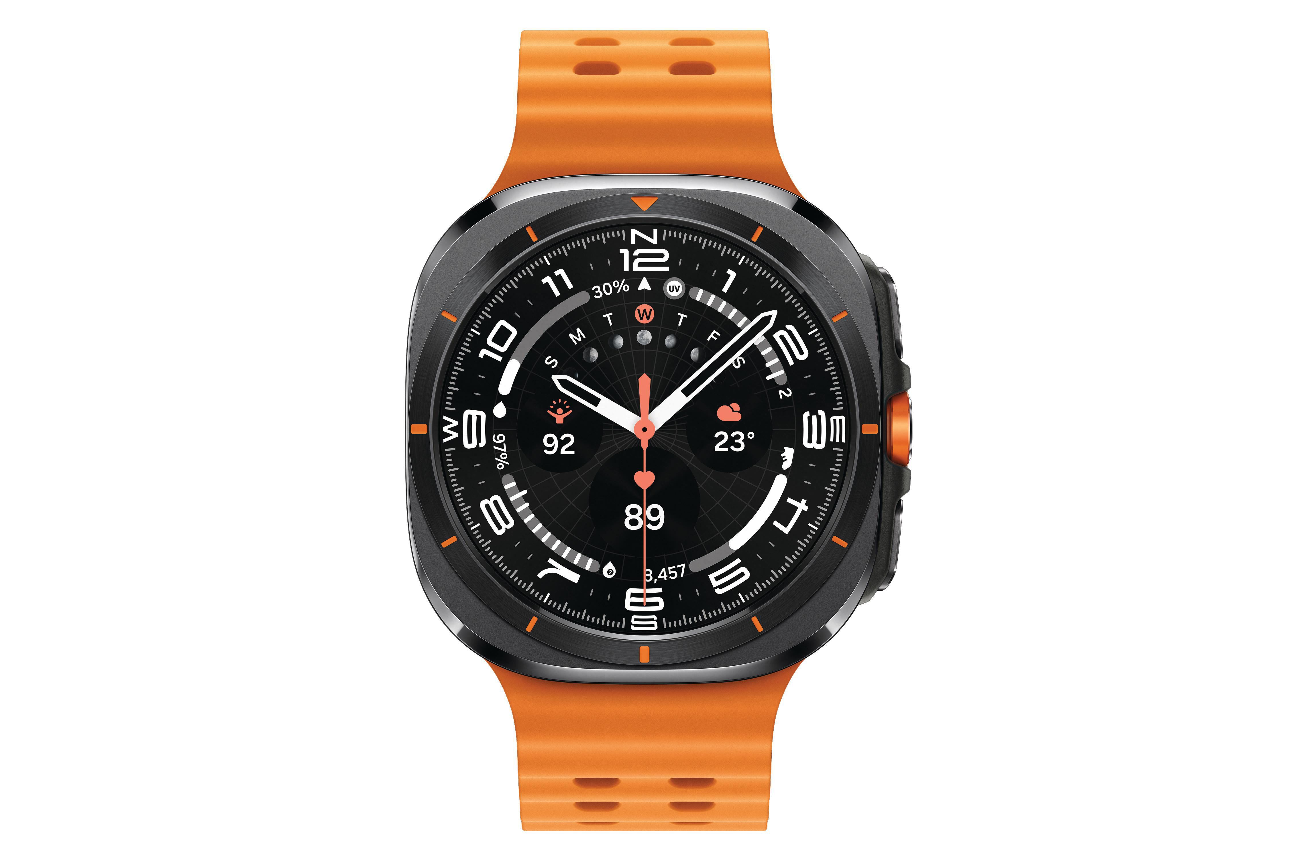 Orange Smartwatch mit schwarzem Zifferblatt. Zeigt Zeit, Datum und Gesundheitsdaten an. Hat ein oranges Armband.