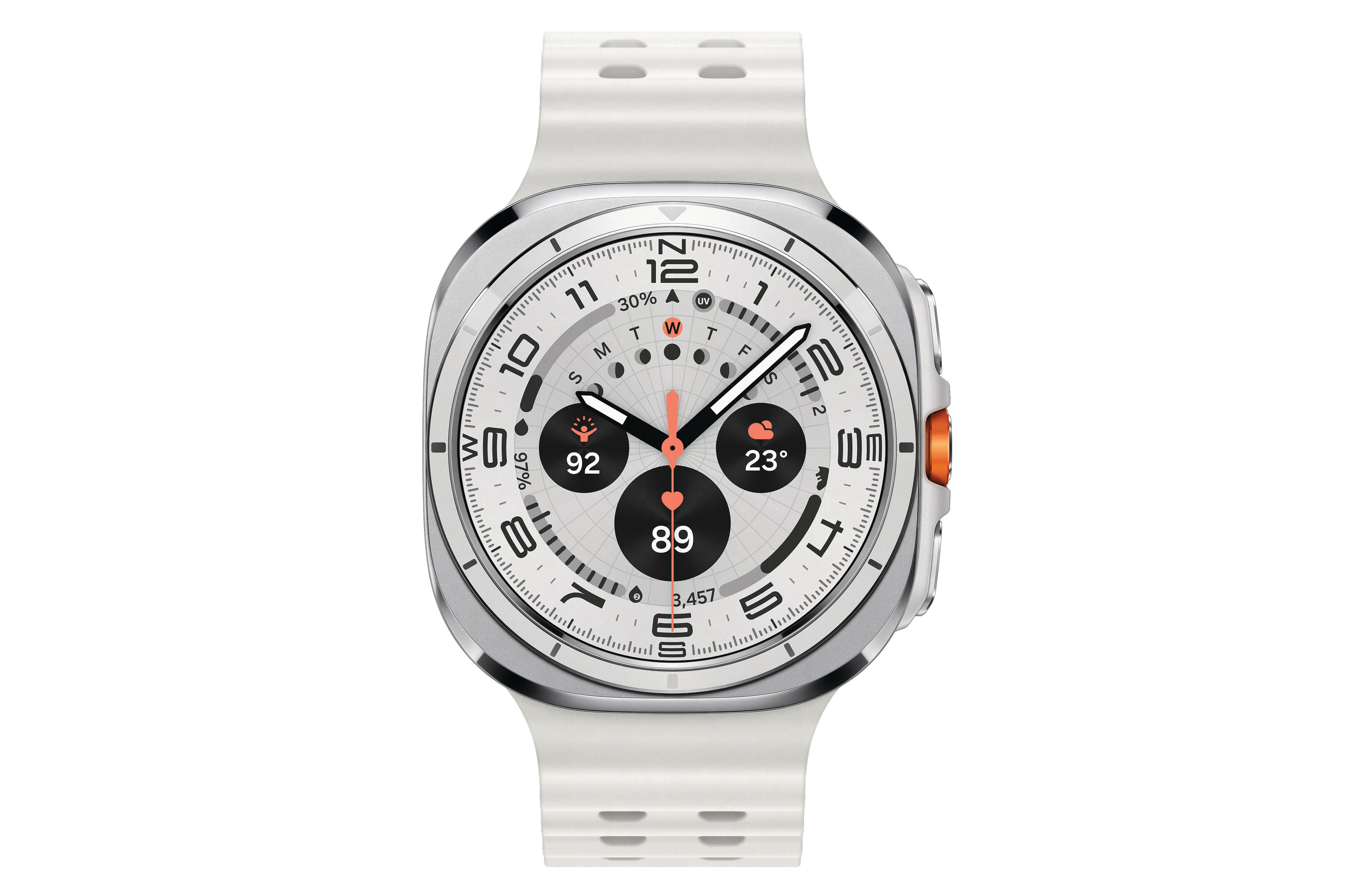 Eine weiße Smartwatch mit silberner Lünette und weißem Armband, die Zeit, Datum und Gesundheitsmetriken anzeigt.