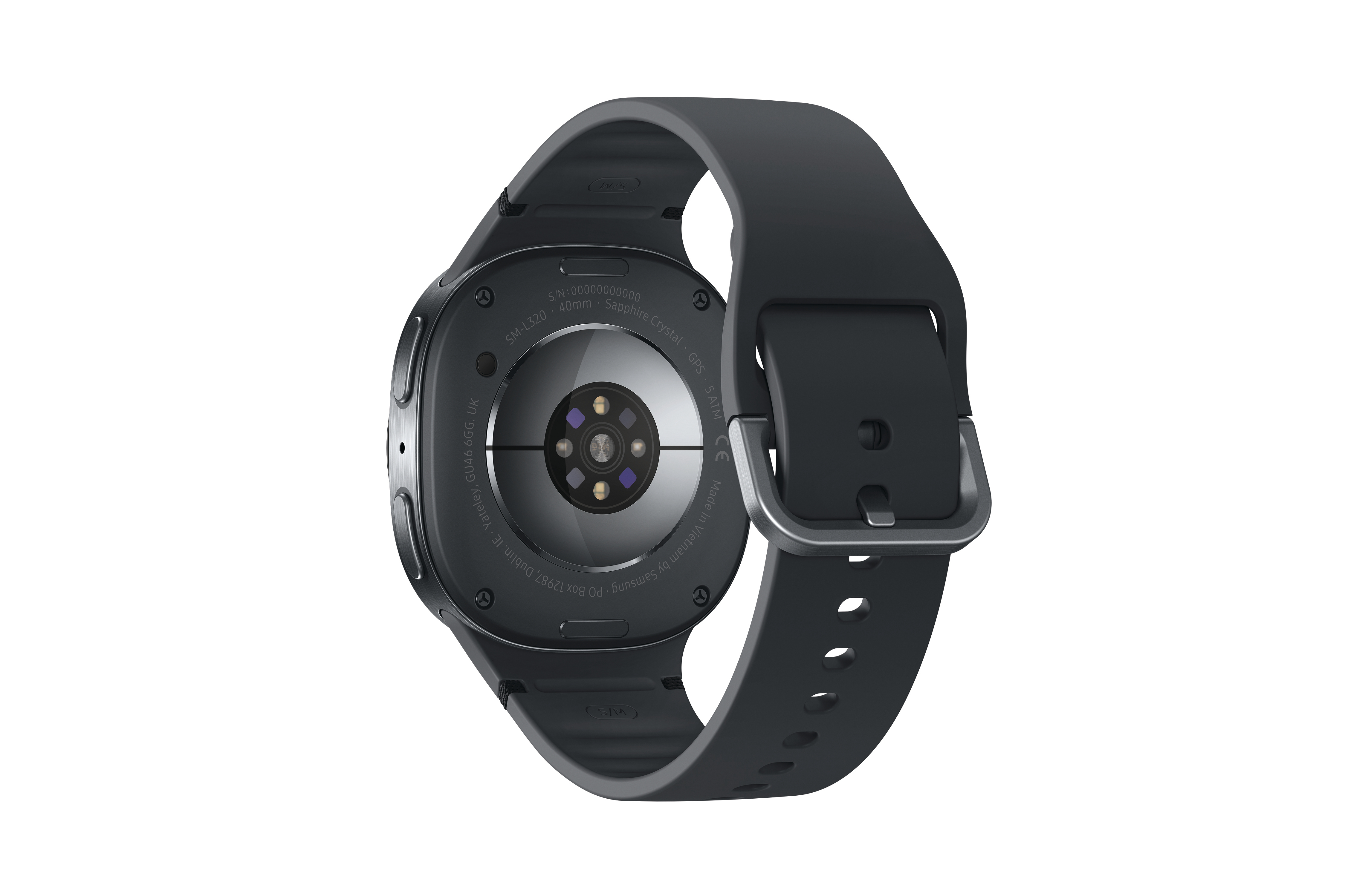 Schwarze Smartwatch, Rückansicht. Mit schwarzem Armband, silberner Schnalle und schwarzem Zifferblatt mit Text und Sensoren.