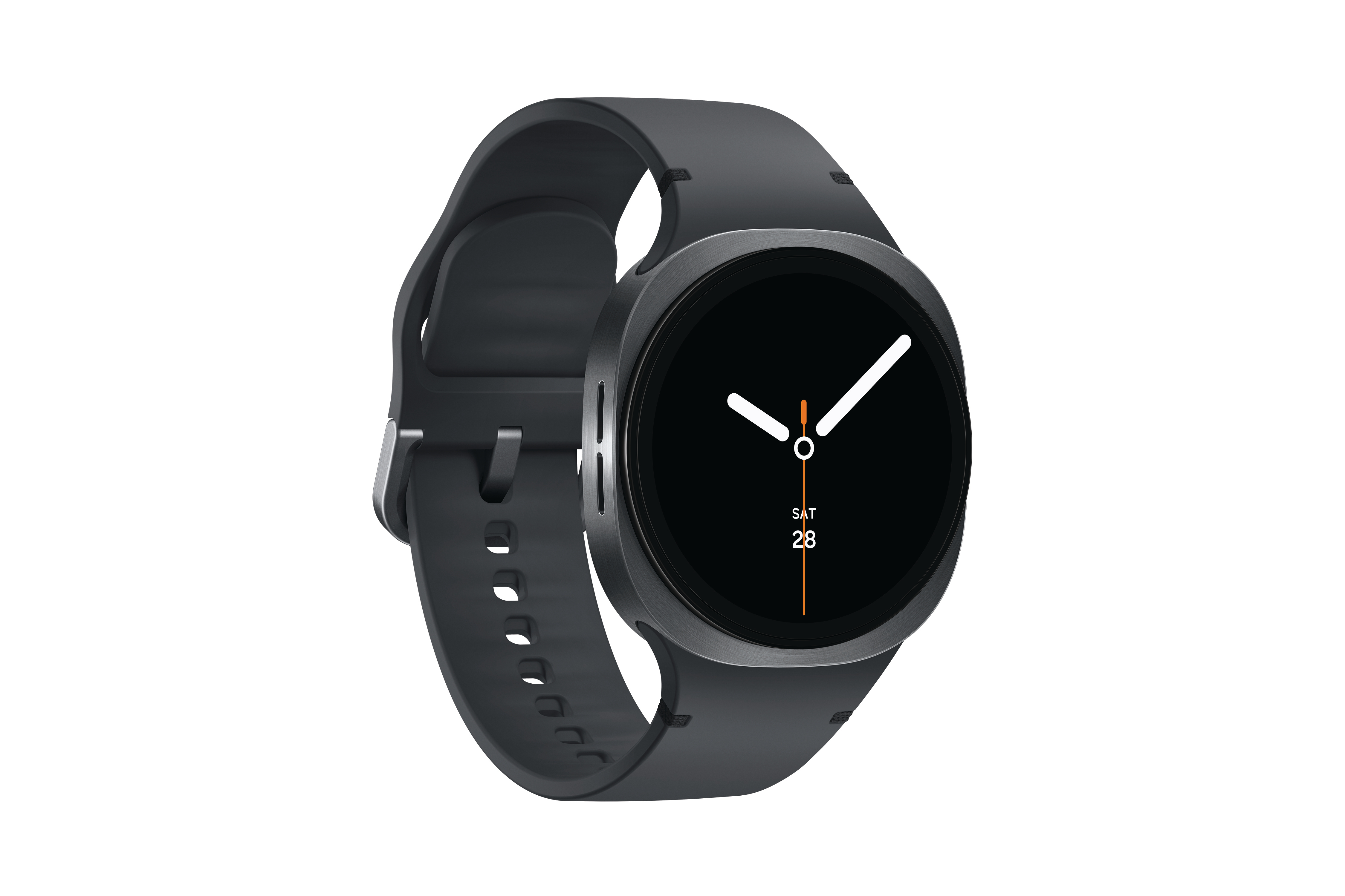Gezeigt wird eine schwarze Smartwatch. Das Ziffernblatt ist schwarz mit weißen Zeigern und einem orangefarbenen Sekundenzeiger. Das Armband ist grau.