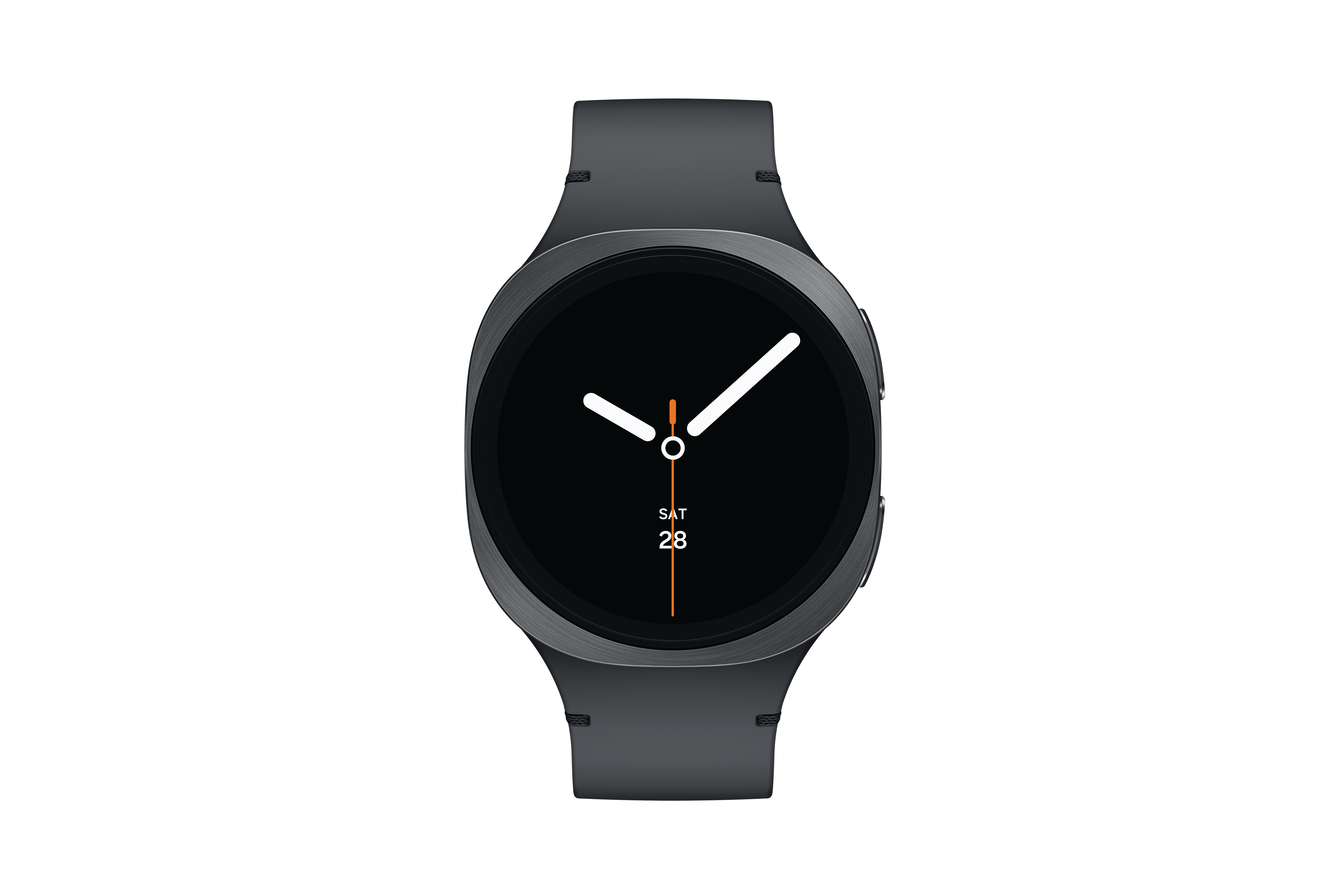 Eine schwarze Smartwatch mit schwarzem Zifferblatt und weißen Zeigern. Das Datum ist Samstag, der 28. Der Hintergrund ist weiß.