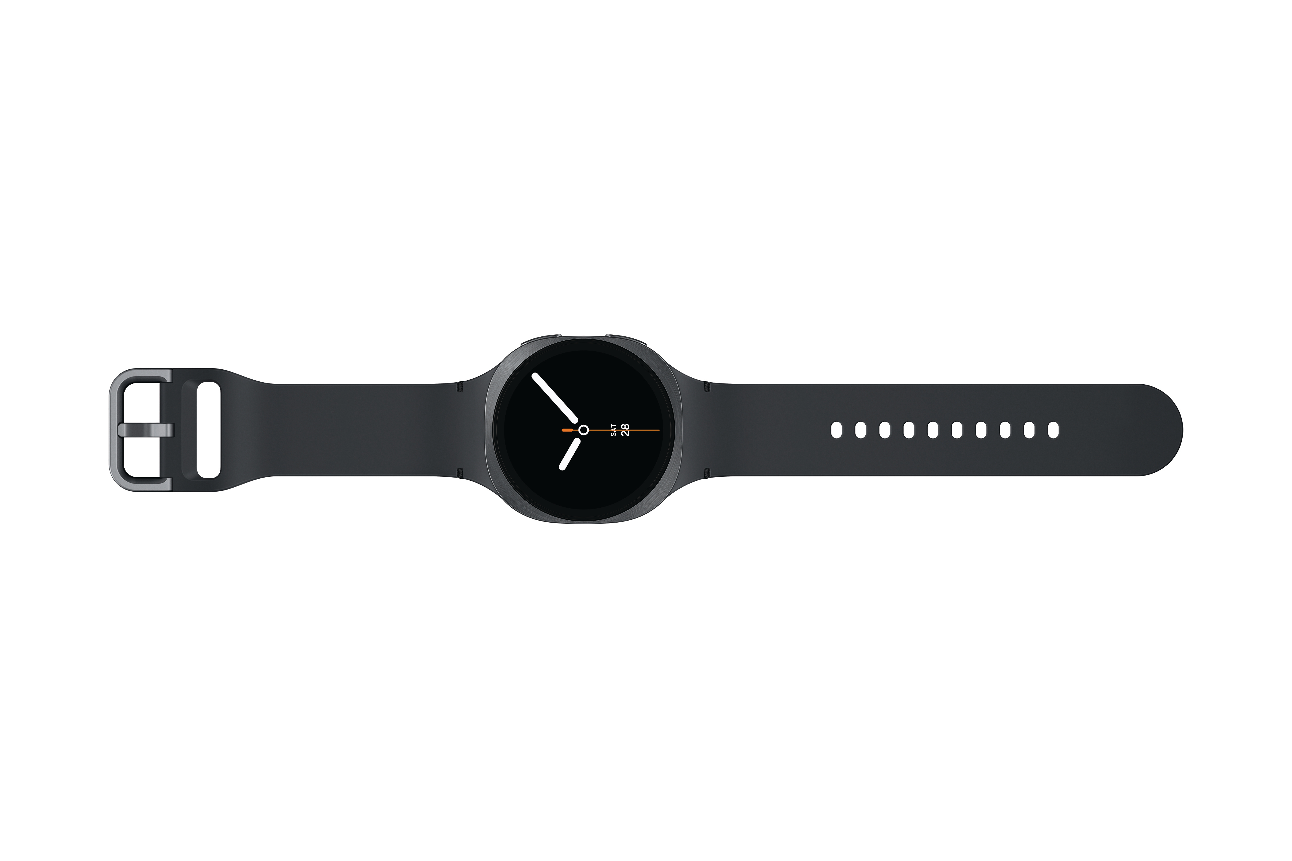 Eine schwarze Smartwatch mit rundem Display. Die Uhr zeigt die Uhrzeit an. Das Armband ist schwarz und hat Löcher.