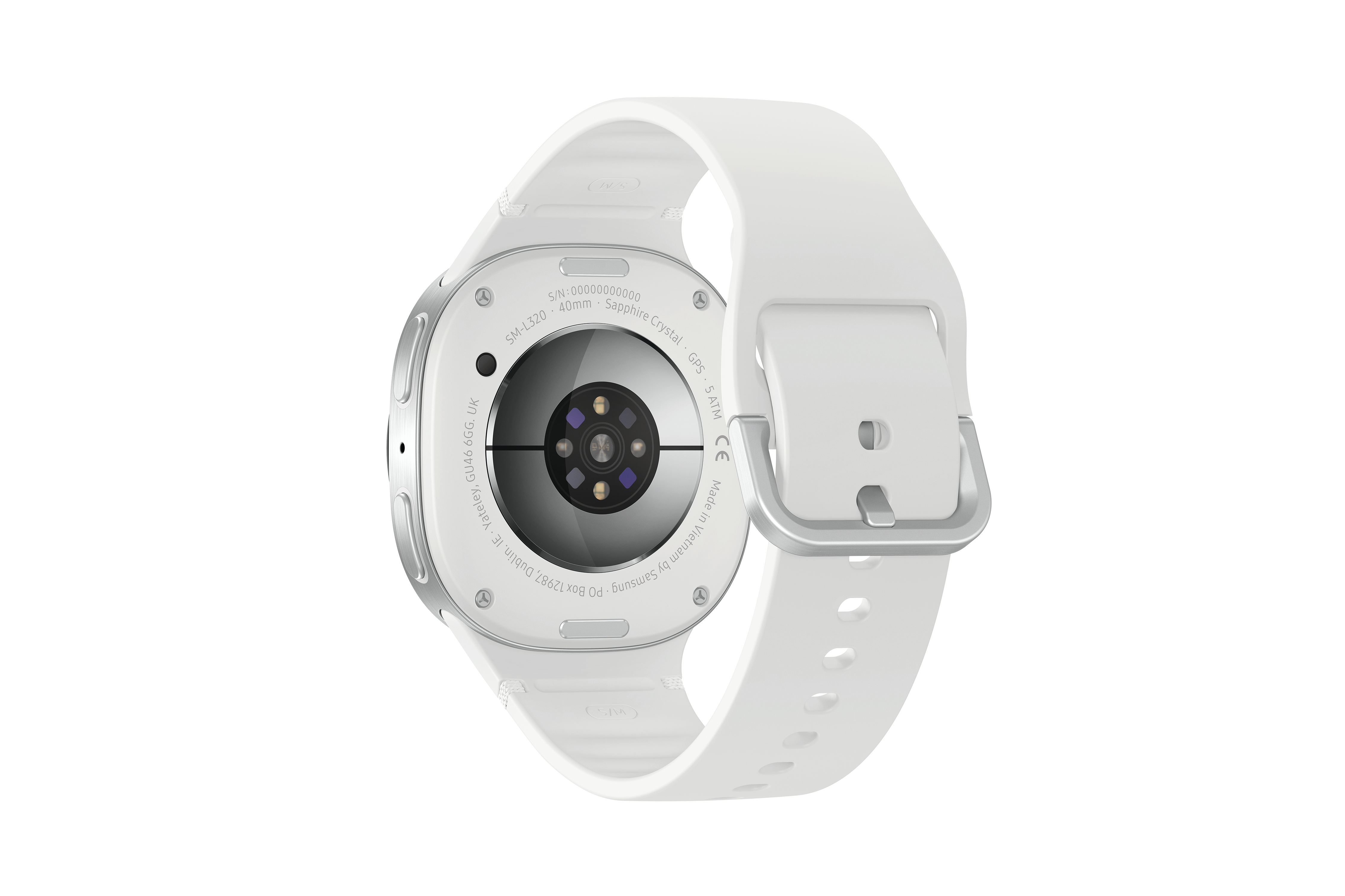 Rückseite einer weißen Smartwatch mit weißem Armband und silberner Schließe. Details sind Modell, GPS und Herstellerinfo.