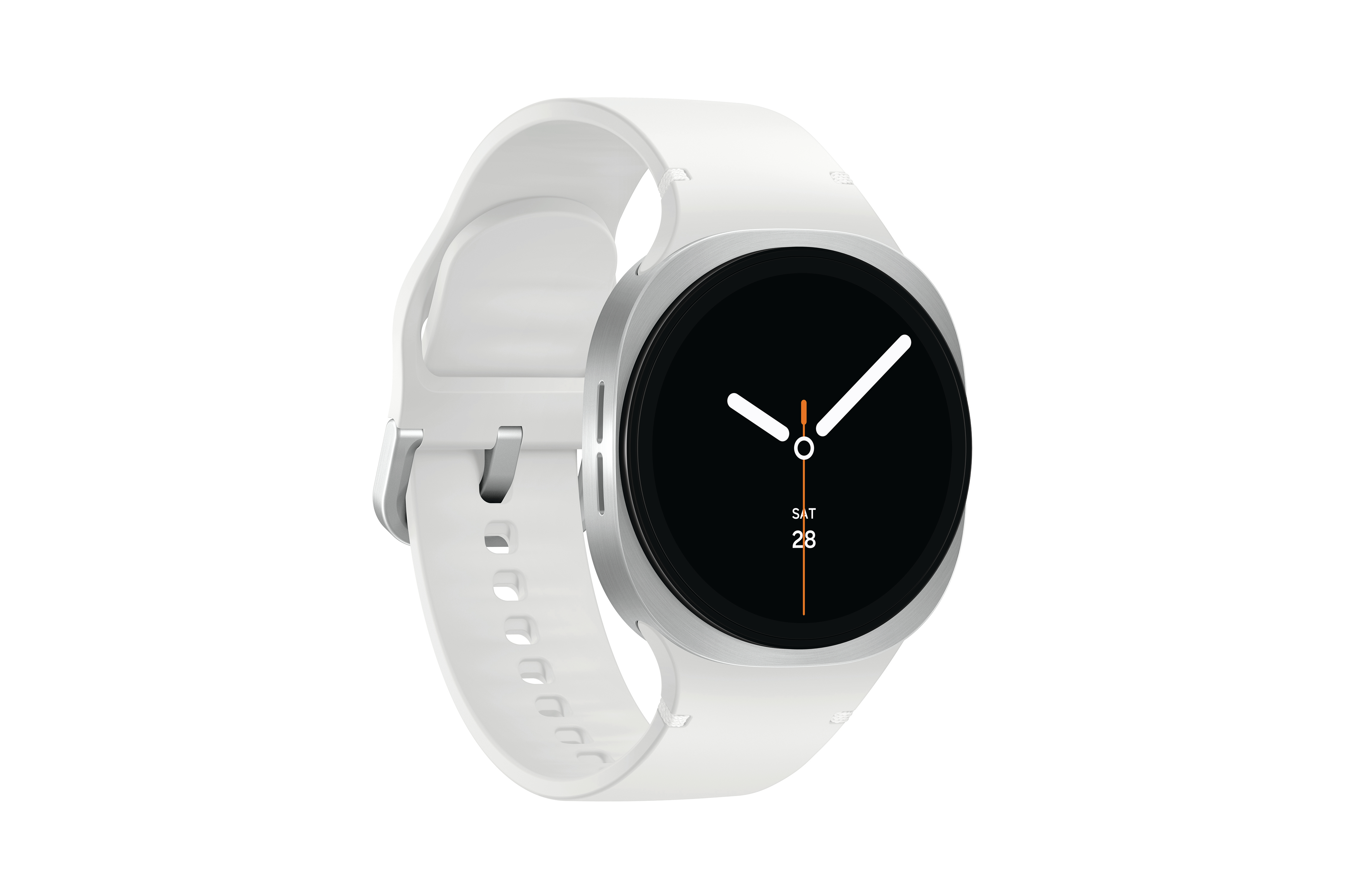 Eine weiße Smartwatch mit schwarzem Bildschirm zeigt das Datum an. Sie hat eine silberne Lünette und ein weißes Armband.